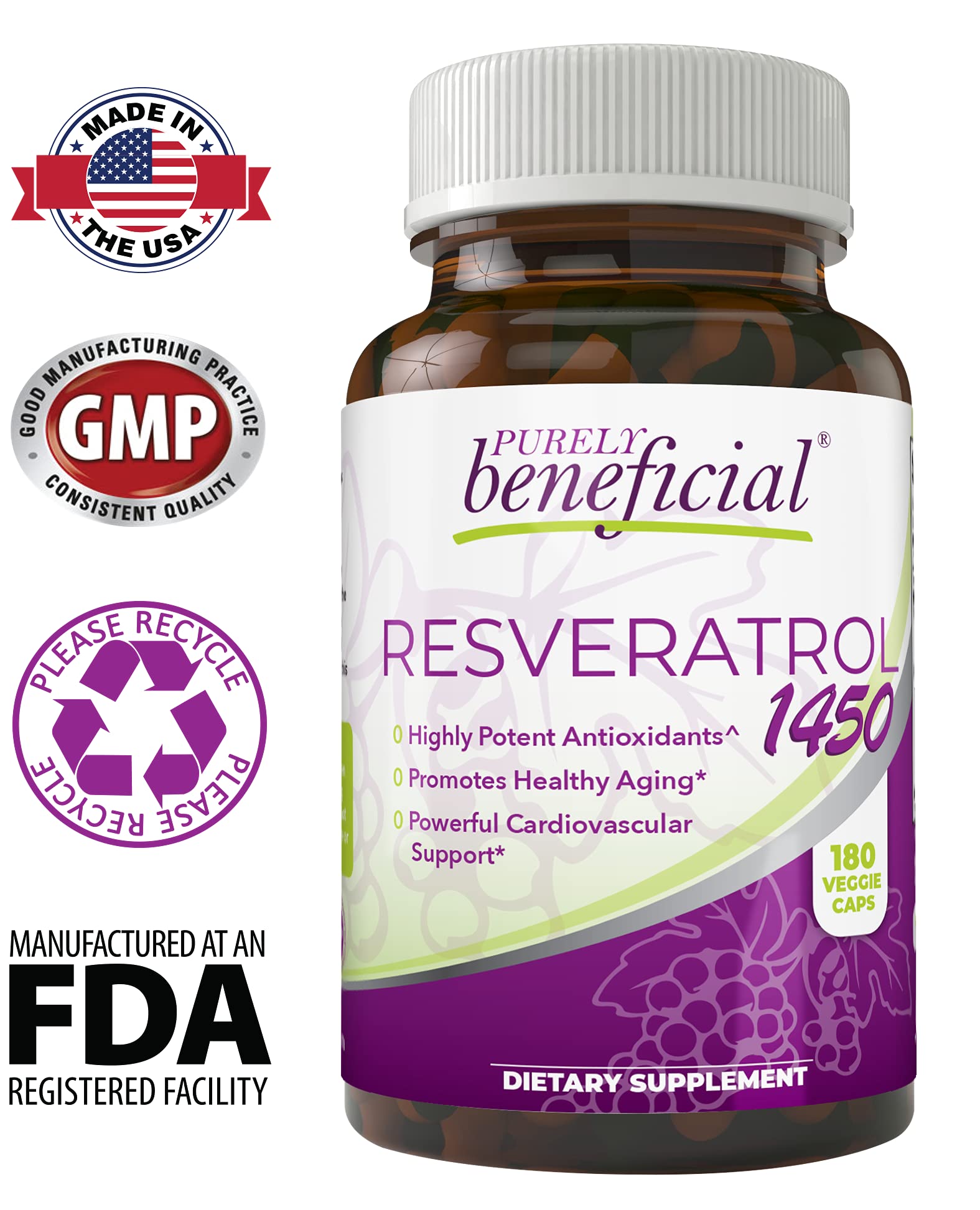 PURELY beneficial RESVERATROL1450-90day Supply, 1450mg per Serving of Potent Antioxidants PURELY beneficial