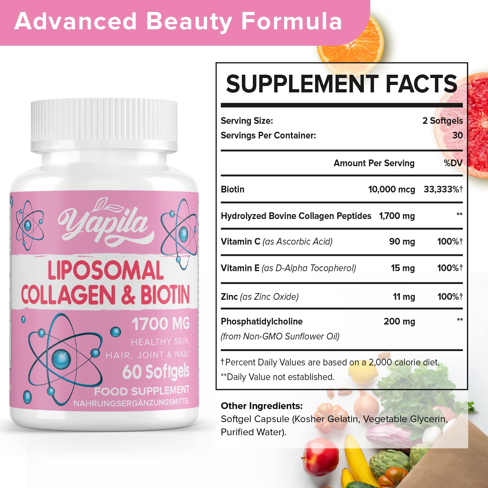 Liposomal Collagen Biotin Capsules, Hydrolyzed Bovine Collagen Peptides 1700 mg, Types 1 & 3 Protein Yapila