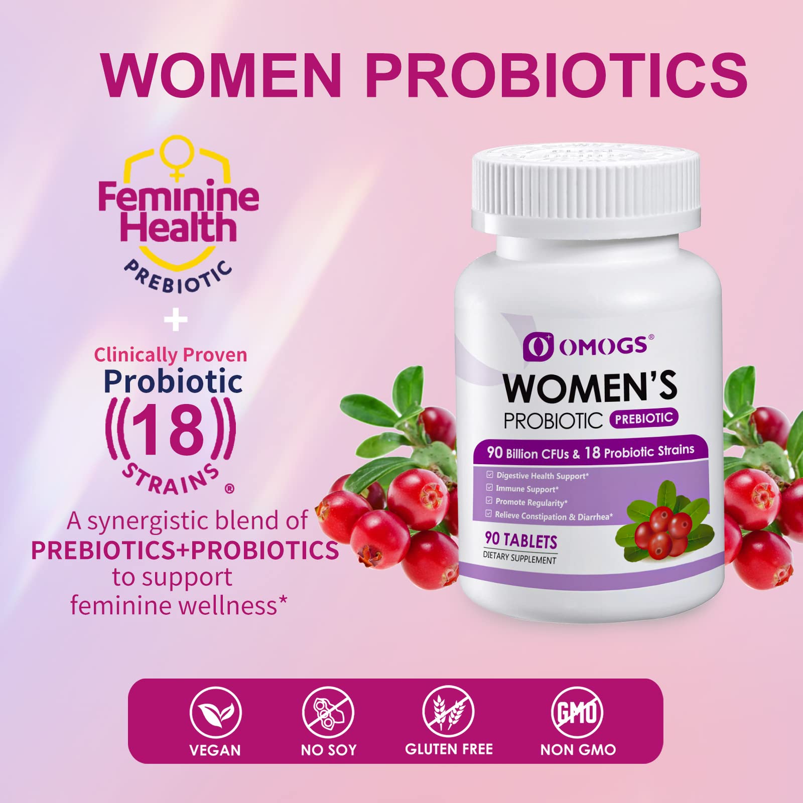 OMOGS Women's Probiotic,with Cranberry Extract and Organic Prebiotics,90 Billion CFUs OMOGS