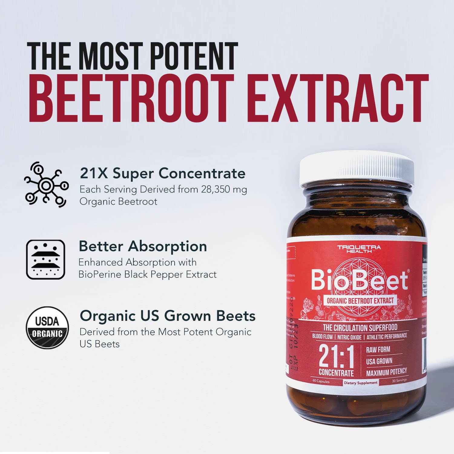 BioBeet Max Strength Beet Root Capsules - 21:1 Concentrate, Each Serving Derived from 28,350 mg Triquetra Health