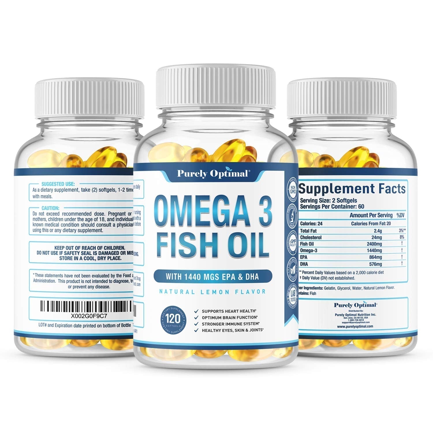 Premium Omega 3 Fish Oil Supplement 2400mg - Burpless Fish Oil Omega3 Softgels Purely Optimal