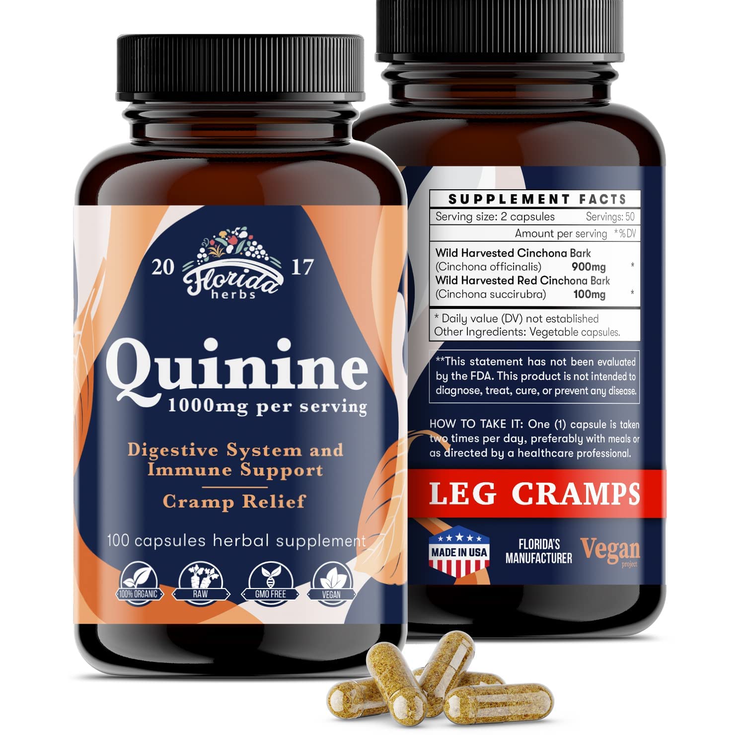 Leg Cramps Support Organic Pills - 1000 mg - Quinine Tablets for Cramp Defense FLORIDA HERBS