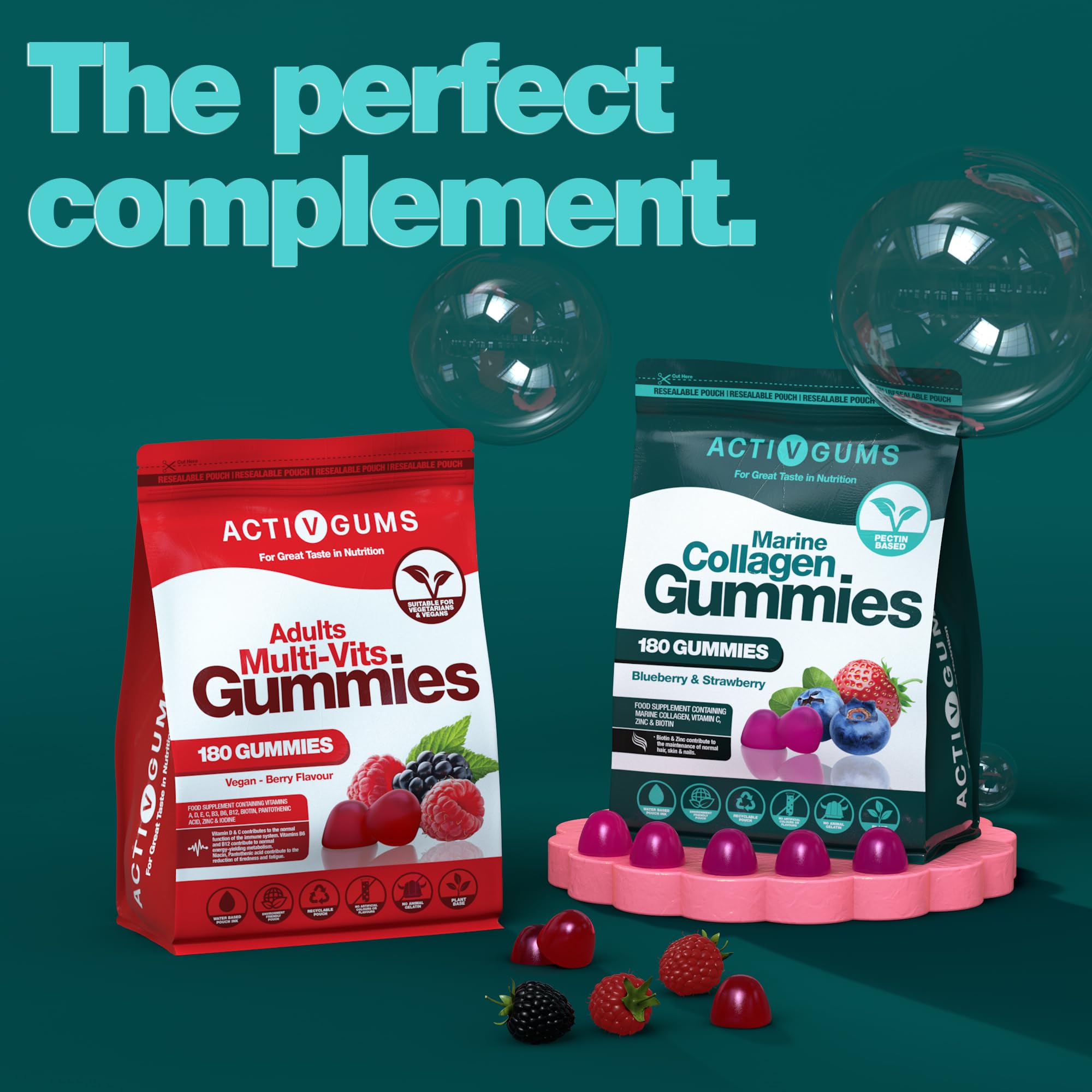 Marine Collagen Complex 180 Gummies. Strawberry & Blueberry Flavour. Resealable & Recyclable Pouch. Contains Marine Collagen, Vitamin C Activ Gums