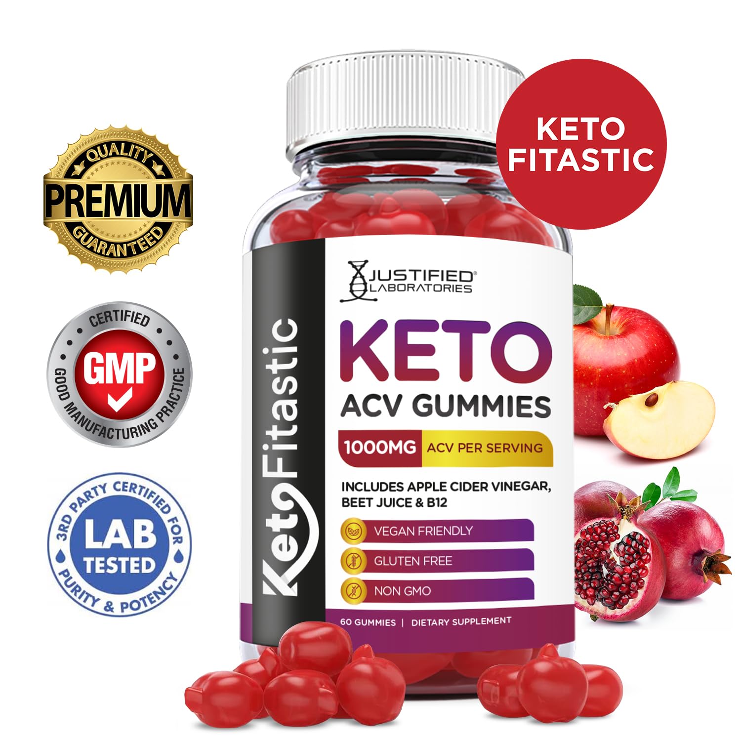 Justified Laboratories (3 Pack) Ketofitastic Keto Gummies 1000MG ACV with Pomegranate Justified Laboratories