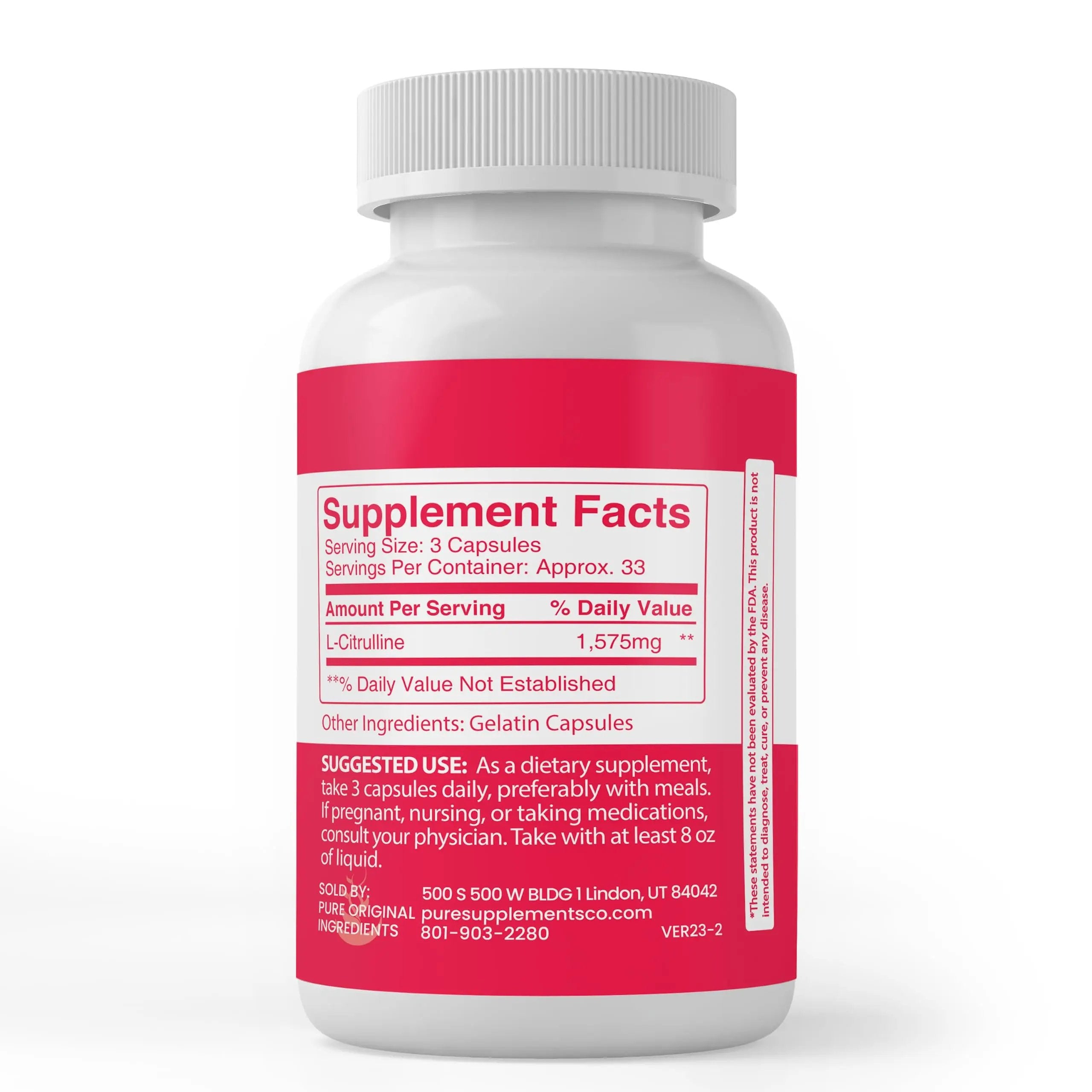Pure Original Ingredients L-Citrulline, (100 Capsules) Always Pure, No Additives Or Fillers, Lab Verified