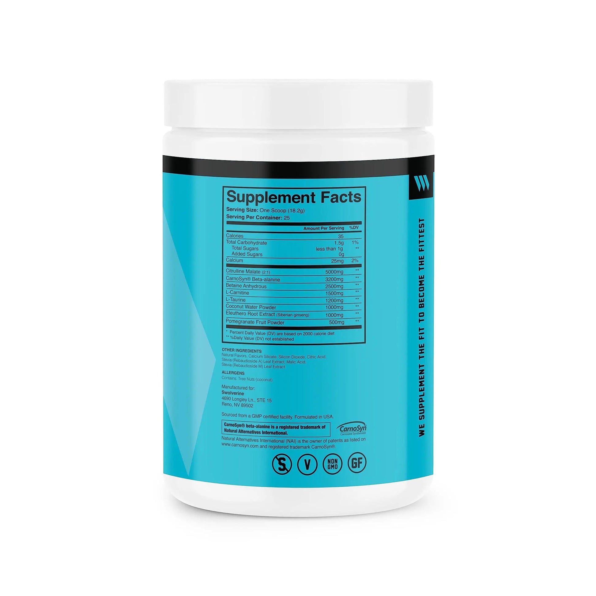 Swolverine PRE-Workout | Citrulline Malate, Carnosyn Beta Alanine, Carnitine, Ginseng, Pomegranate, Betaine, Coconut Water Endurance, Energy, Strength, Vegan, Gluten Free, Non-GMO (25 Servings)