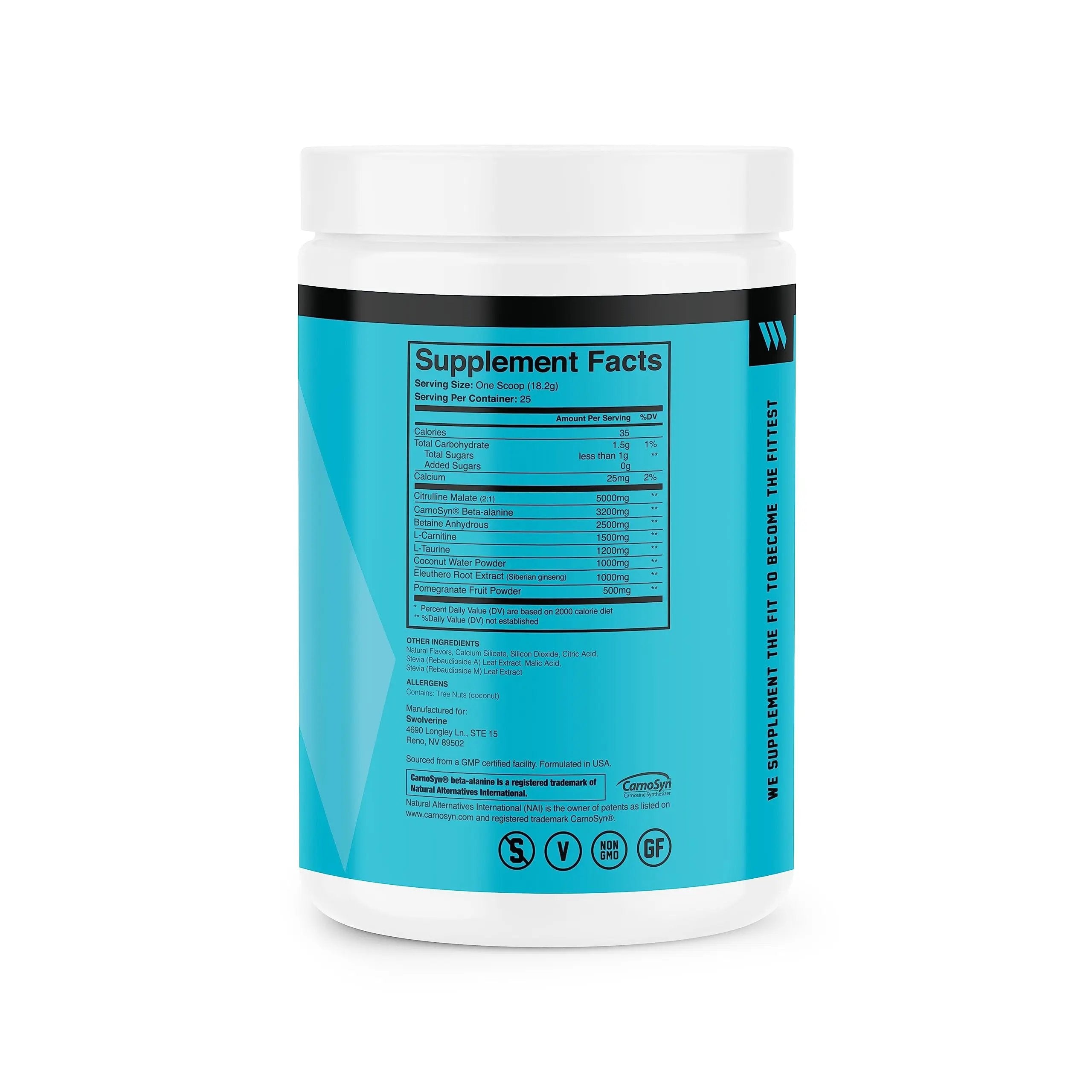 Swolverine PRE-Workout | Citrulline Malate, Carnosyn Beta Alanine, Carnitine, Ginseng, Pomegranate, Betaine, Coconut Water Endurance, Energy, Strength, Vegan, Gluten Free, Non-GMO (25 Servings)