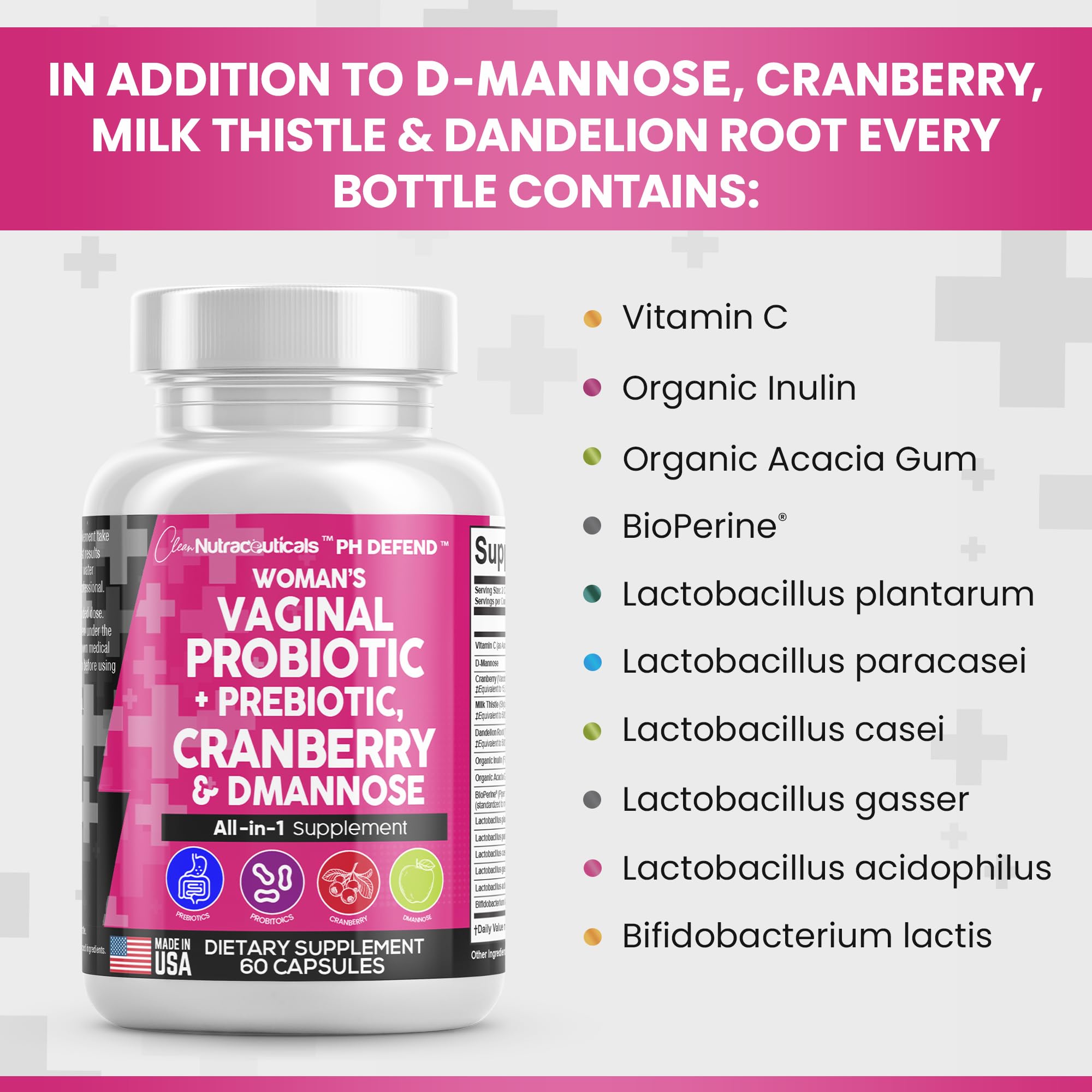 Vaginal Probiotics For Women + Prebiotics 20 Billion Cranberry Pills 30,000mg w/ D-Manno Clean Nutraceuticals