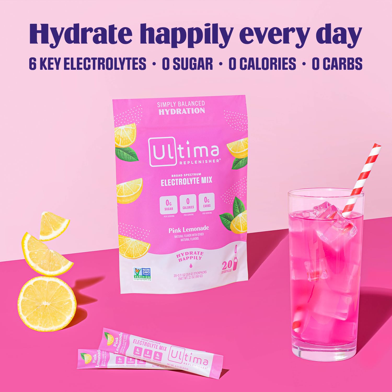 Ultima Replenisher Daily Electrolyte Drink Mix – Pink Lemonade, 20 Stickpacks – Hydration Ultima Replenisher