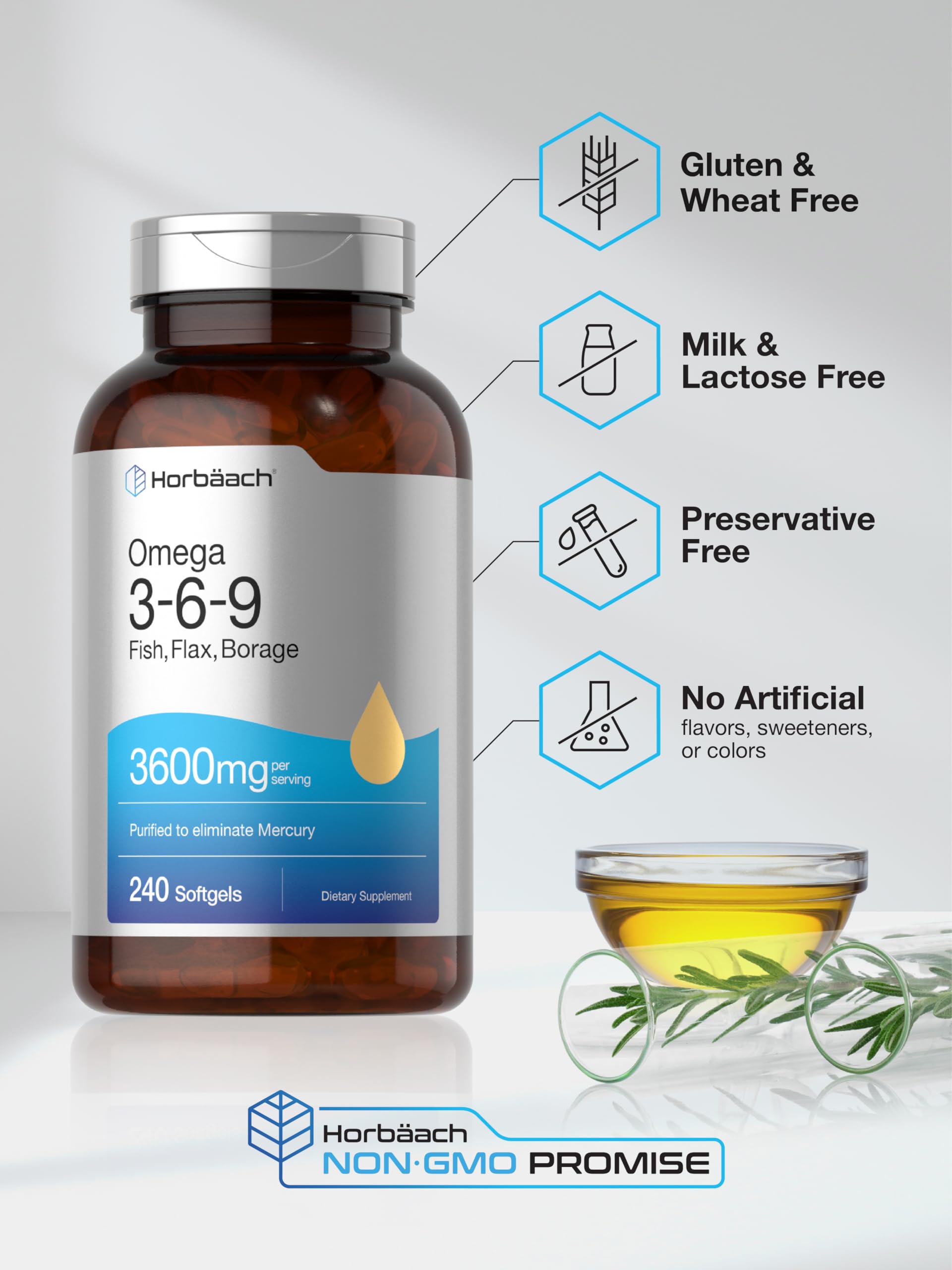 Triple Omega 3-6-9 240 Softgels | from Fish, Flaxseed, Borage Oils | Non-GMO & Gluten Horbäach