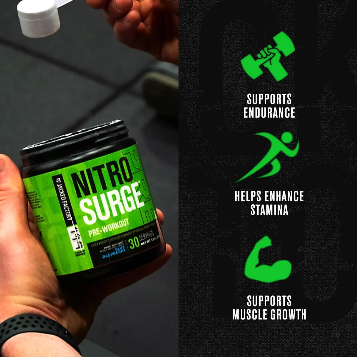 Nitrosurge Pre-Workout & Creatine Monohydrate - Pre Workout Powder With Creatine for Muscle Growth, Increased Strength, Endless Energy, Intense Pumps - Blue Raspberry Preworkout & Unflavored Creatine