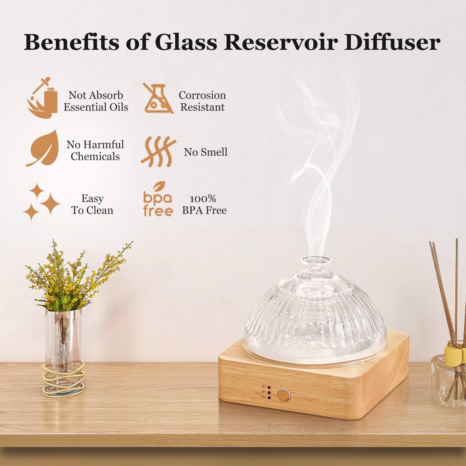 Lecdura Glass Essential Oil Diffuser with Glass Reservoir & Wood Base - Plastic Free, 200ml Lock Lecdura