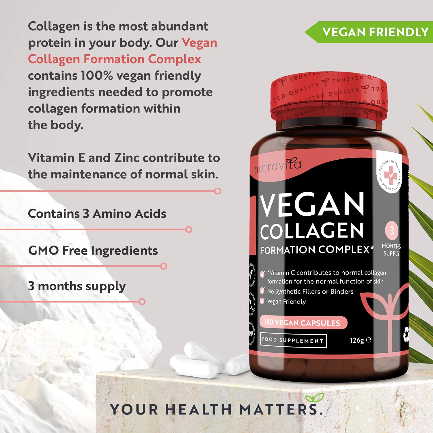 Vegan Collagen 1000mg Advanced Superfood Blend - 180 Capsules (3 Month Supply) Nutravita