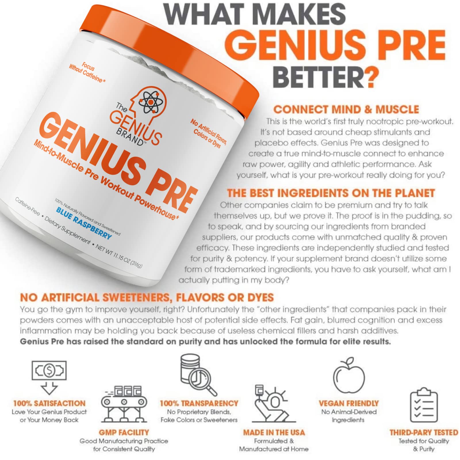 Genius Pre Workout Powder, Blue Raspberry - All-Natural Nootropic Pre-workout & Caffeine The Genius Brand