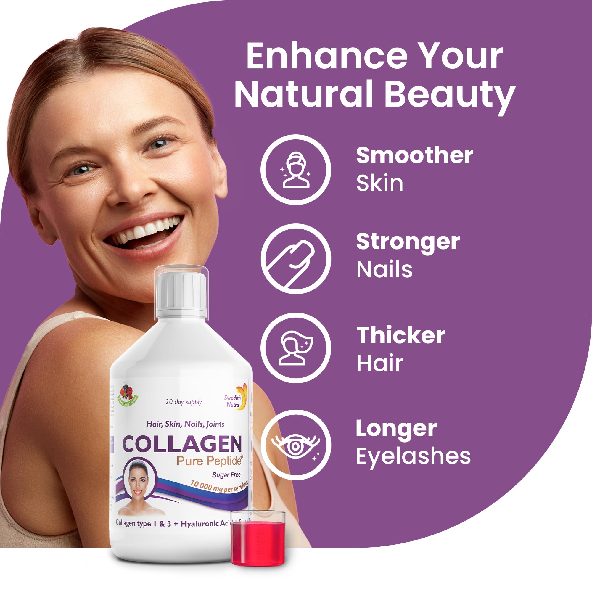 Swedish Nutra Liquid Bovine Collagen - Pack of 500ml, 20 Day Supply | Sugar Free Berry Flavour Swedish Nutra