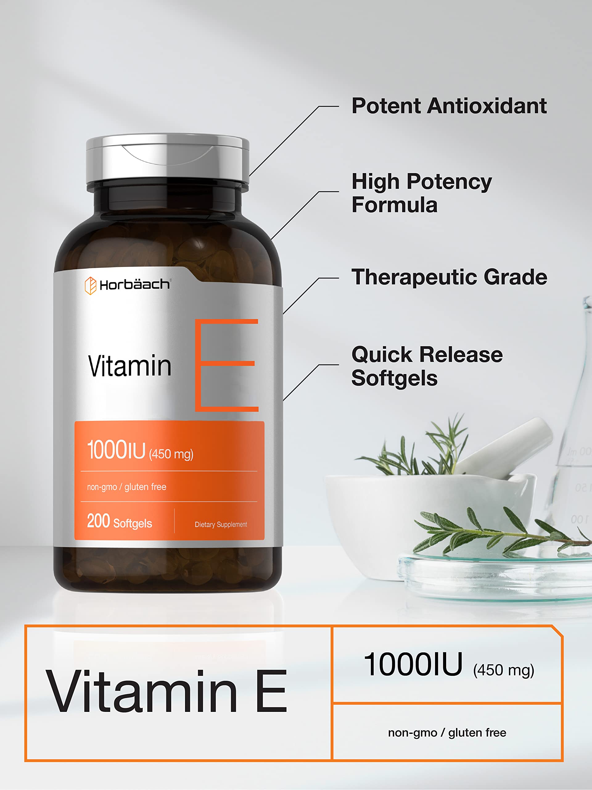 Vitamin E 1000 IU Softgel Capsules | 200 Count | Non-GMO, Gluten Free, Preservative Free Horbäach