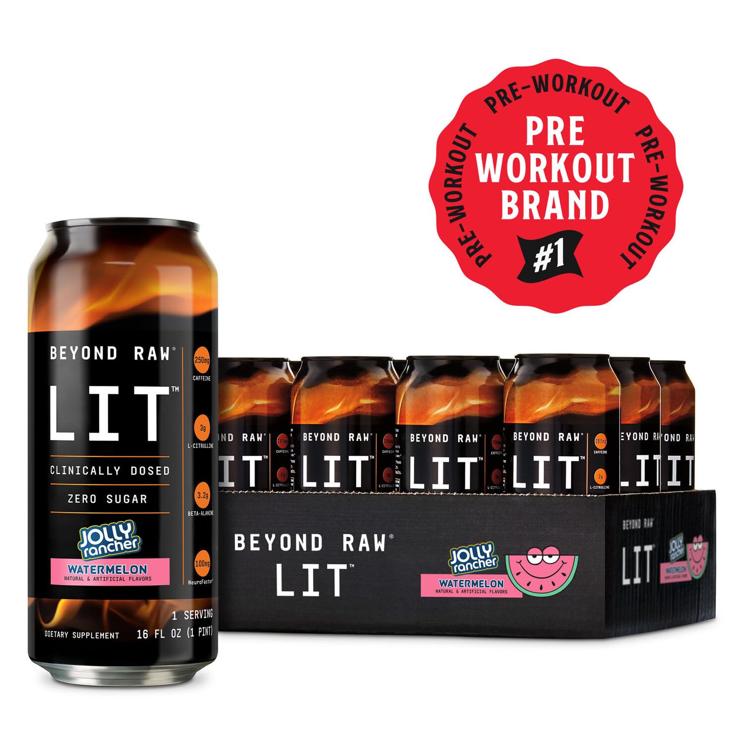 BEYOND RAW LIT On The Go | Ready to Drink Cans | Contains Caffeine, L-Citrulline, Beta-Alanine, and Nitric Oxide | Jolly Rancher Watermelon | 12 Count BEYOND RAW