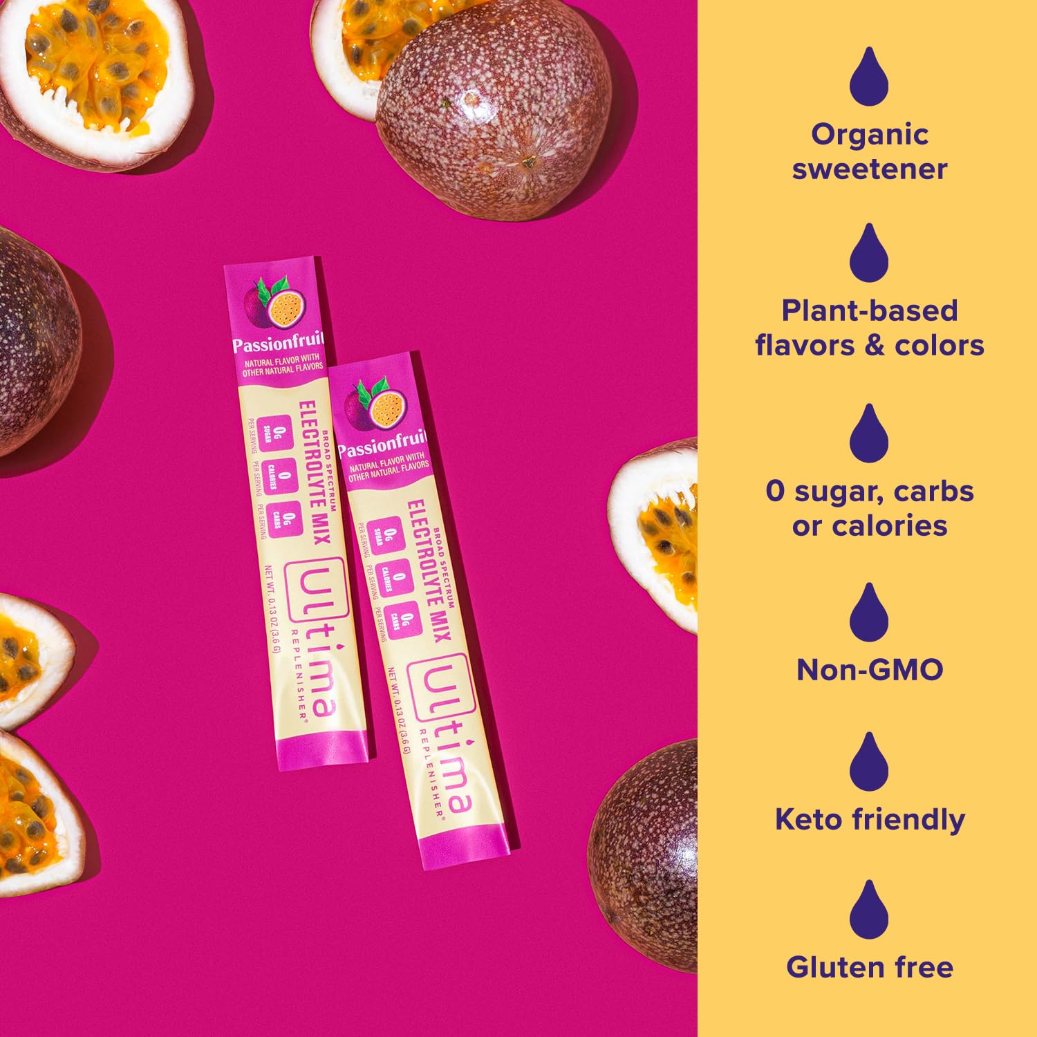 Ultima Replenisher Daily Electrolyte Drink Mix – Passionfruit, 20 Stickpacks – Hydration Ultima Replenisher