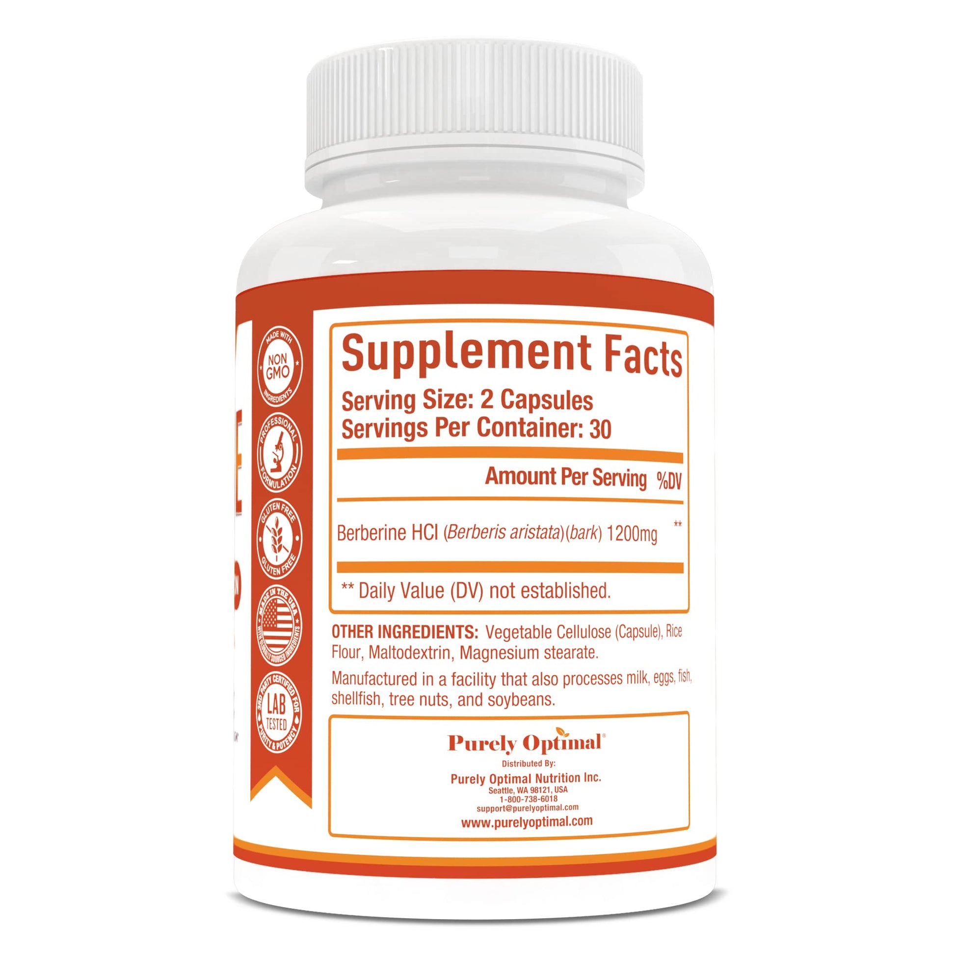 Purely Optimal Premium Berberine Supplement - 1200mg Berberine HCl, Non-GMO Purely Optimal