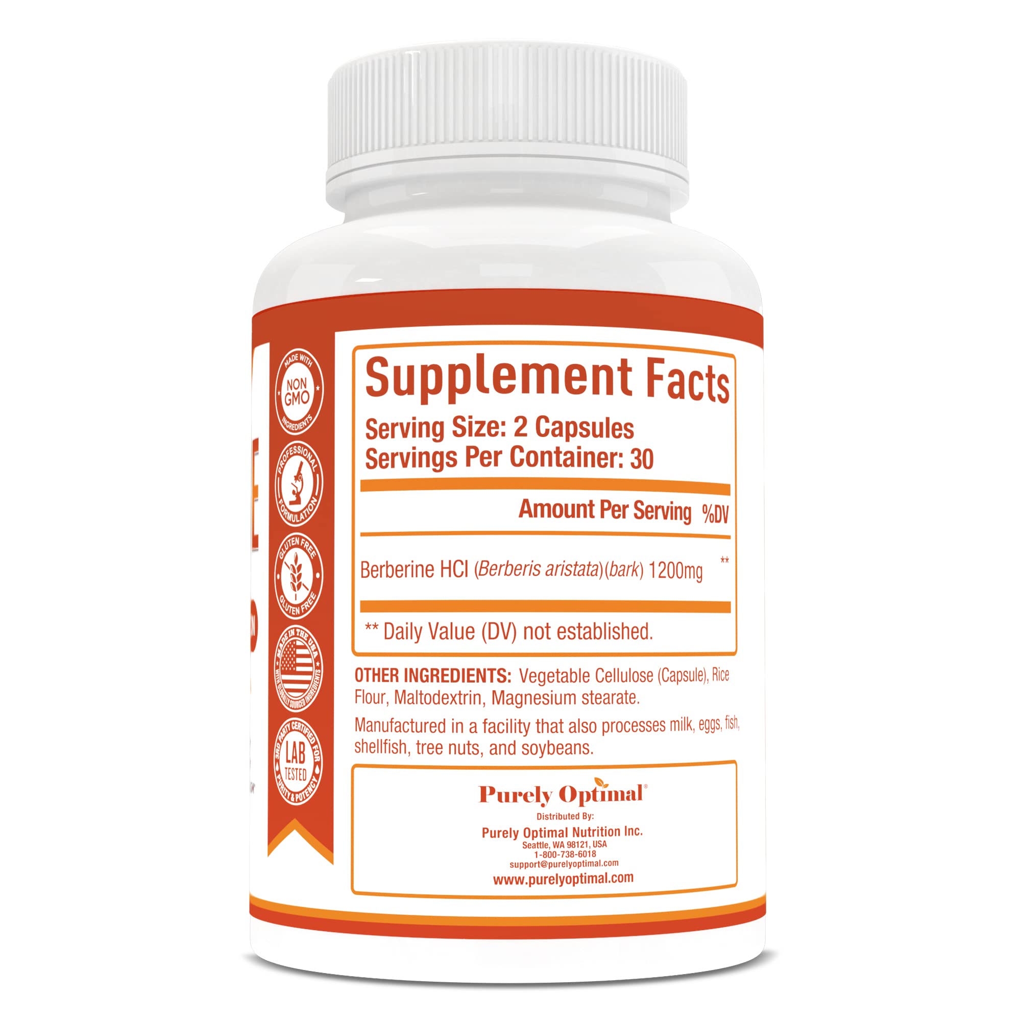 Purely Optimal Premium Berberine Supplement - 1200mg Berberine HCl, Non-GMO Purely Optimal