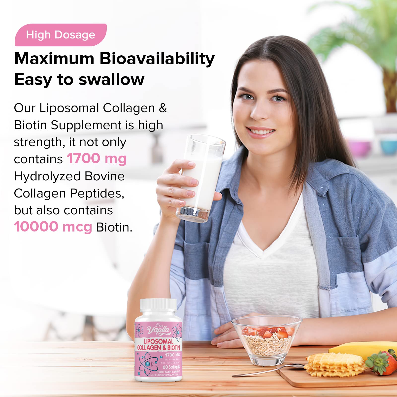 Liposomal Collagen Biotin Capsules, Hydrolyzed Bovine Collagen Peptides 1700 mg, Types 1 & 3 Protein Yapila