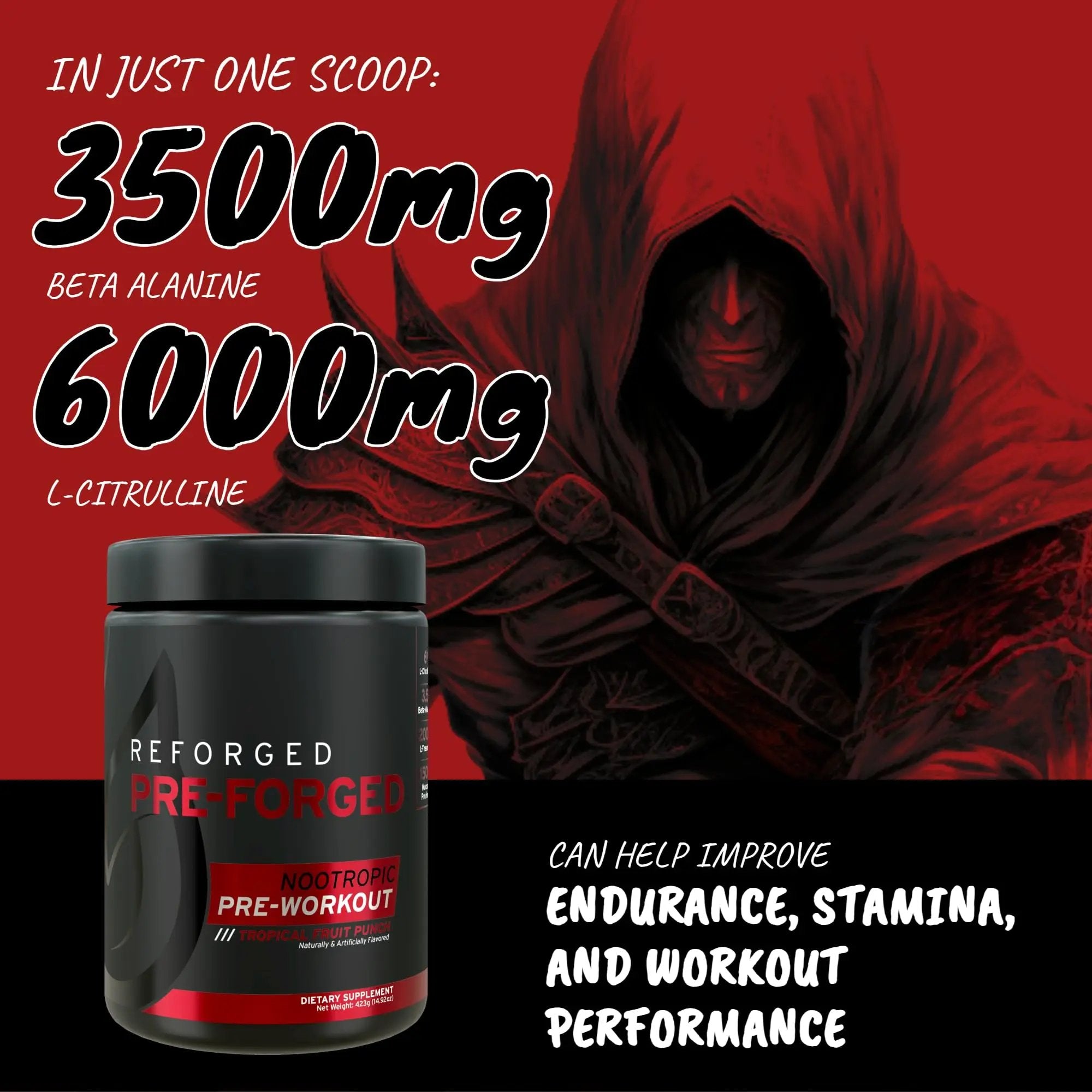 Reforged Pre-Forged L Theanine Pre Workout Powder Drink | Nootropic Nitric Oxide Energy Pump Supplement | Beta-Alanine, L-Citrulline, & Caffeine | 30 Servings (Tropical Fruit Punch)