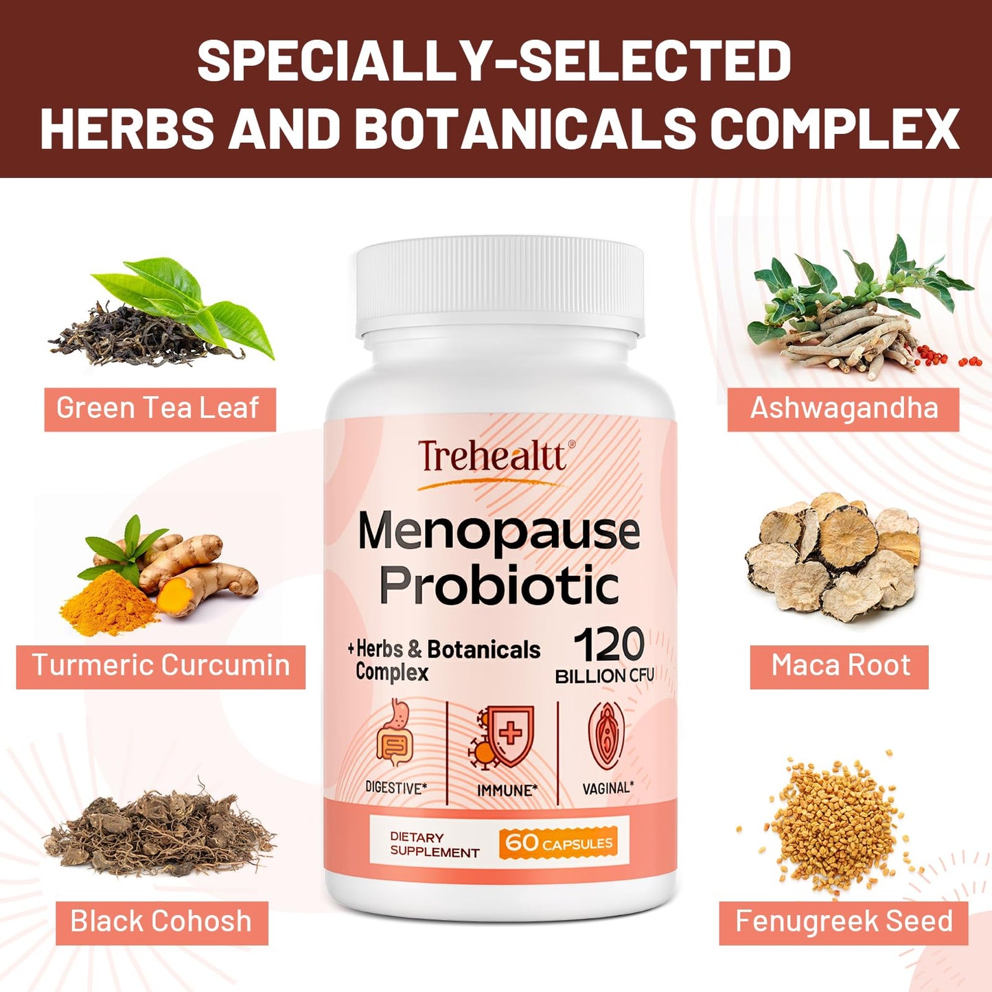 Menopause supplements for women, 120 Billion CFU Probiotic, 13-in-1 Herbs & Botanicals Complex
