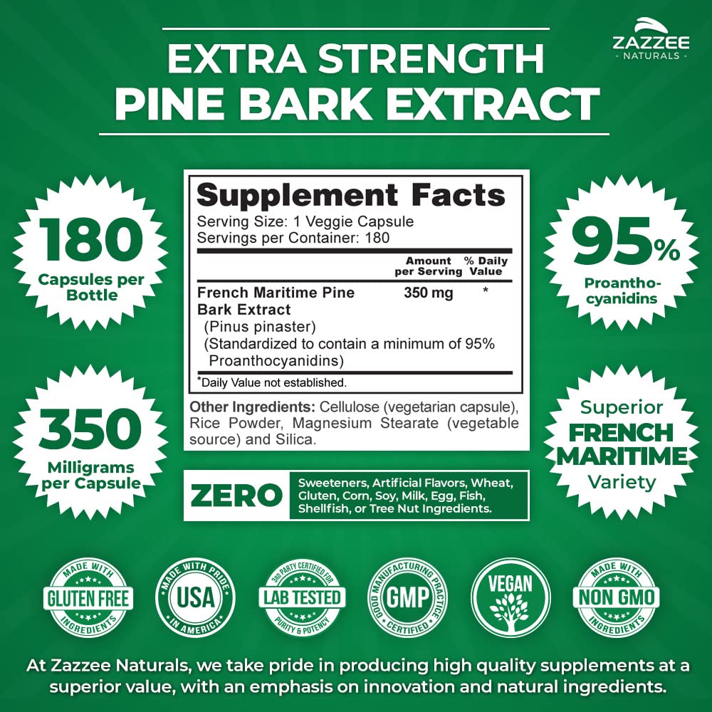 Zazzee Extra Strength French Maritime Pine Bark Extract, 350 mg Per Capsule