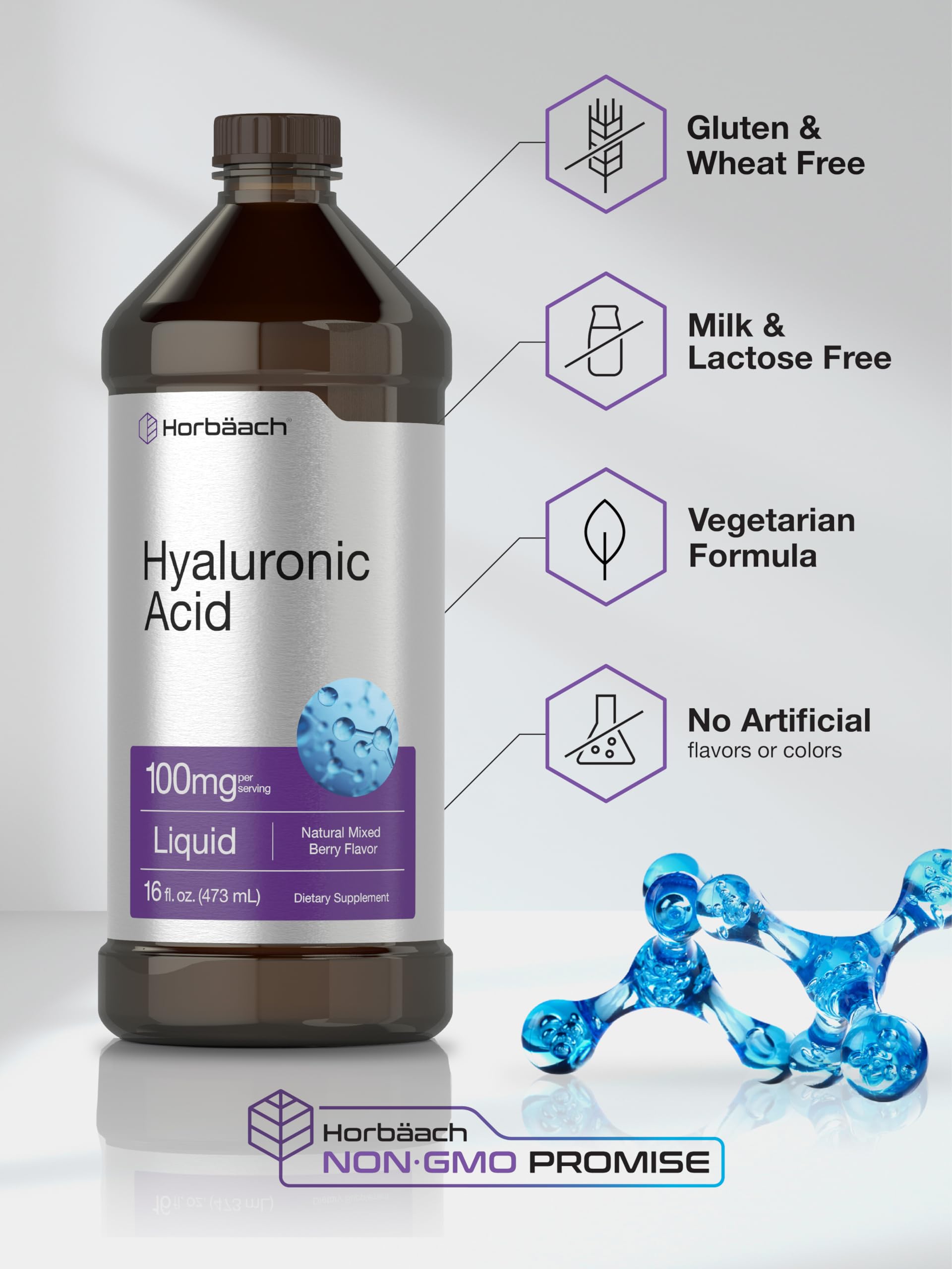 Liquid Hyaluronic Acid Supplement | 100 mg | 16 oz | Mixed Berry Flavor | Non-GMO Horbäach