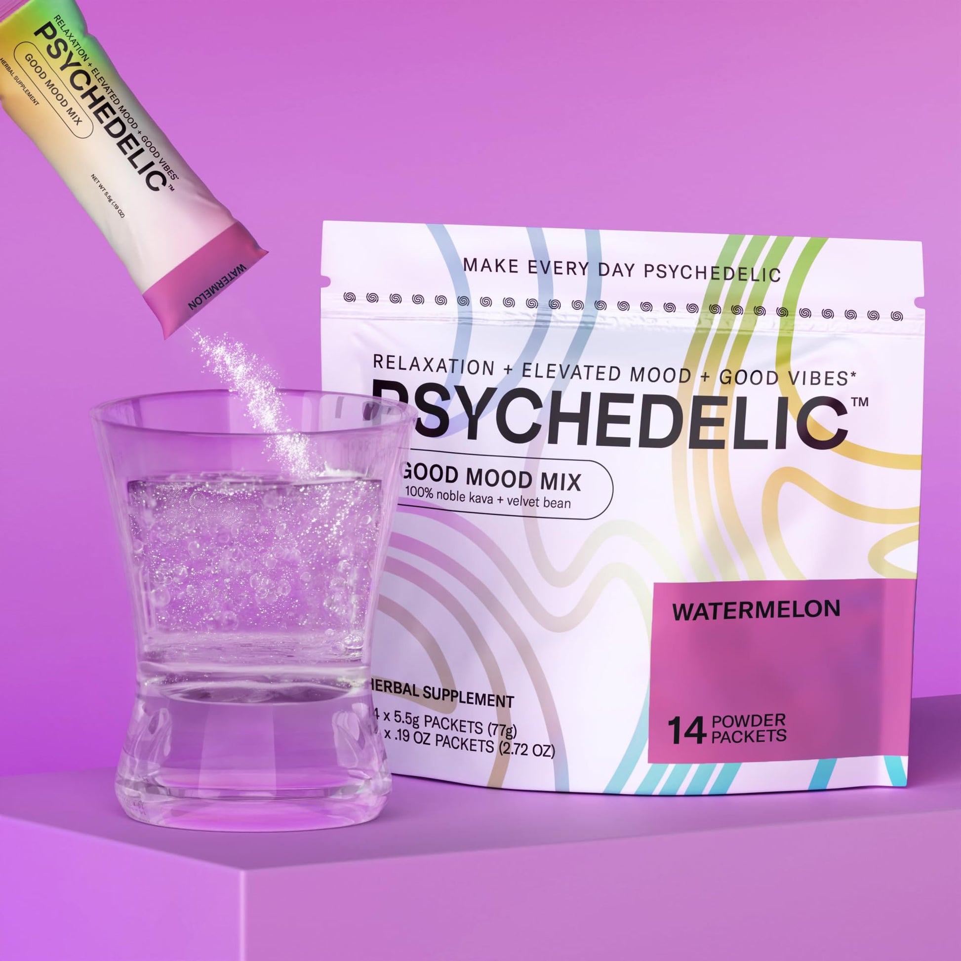 Good Mood Mix - Watermelon - Powder Packets - Calming Kava Drink Mix - Easy Open Psychedelic Water