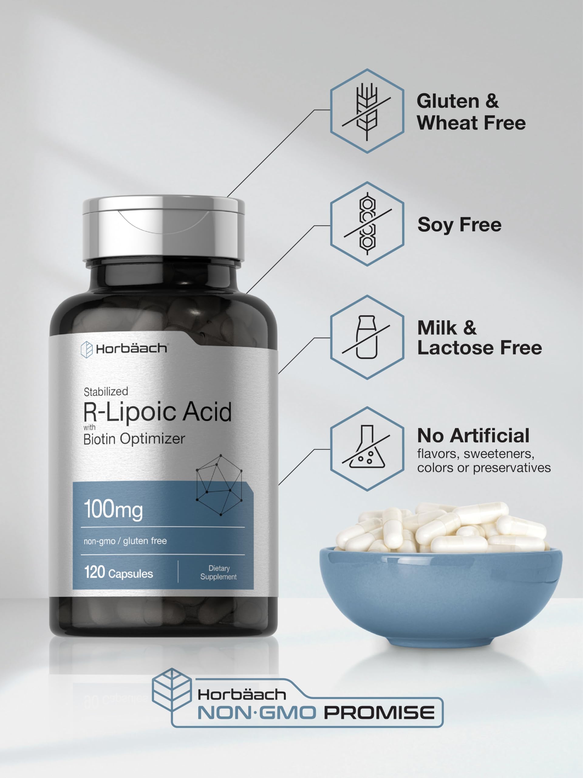R-Lipoic Acid 100 mg | 120 Capsules | with Biotin Optimizer | Non-GMO, Gluten Free Horbäach