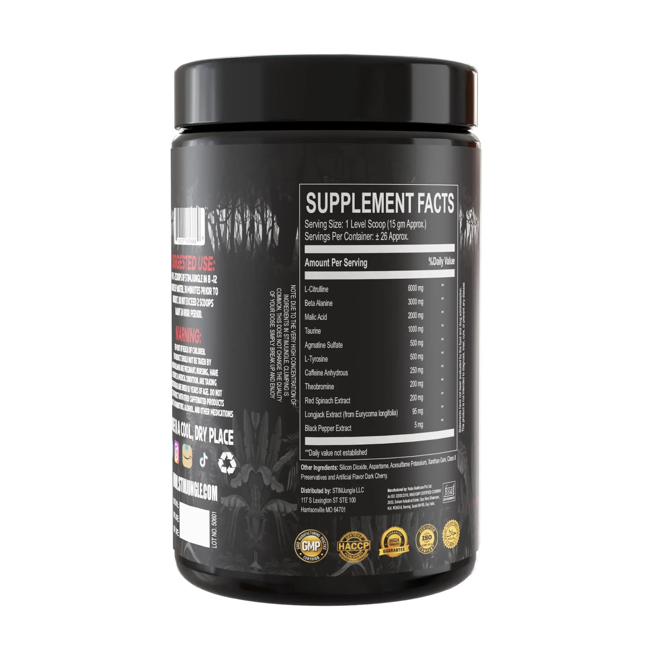 STIMJungle Essential Preworkout •Insane Energy •6G L-Citrulline •3G Beta Alanine •Tongkat Ali •Caffeine •Theobromine
