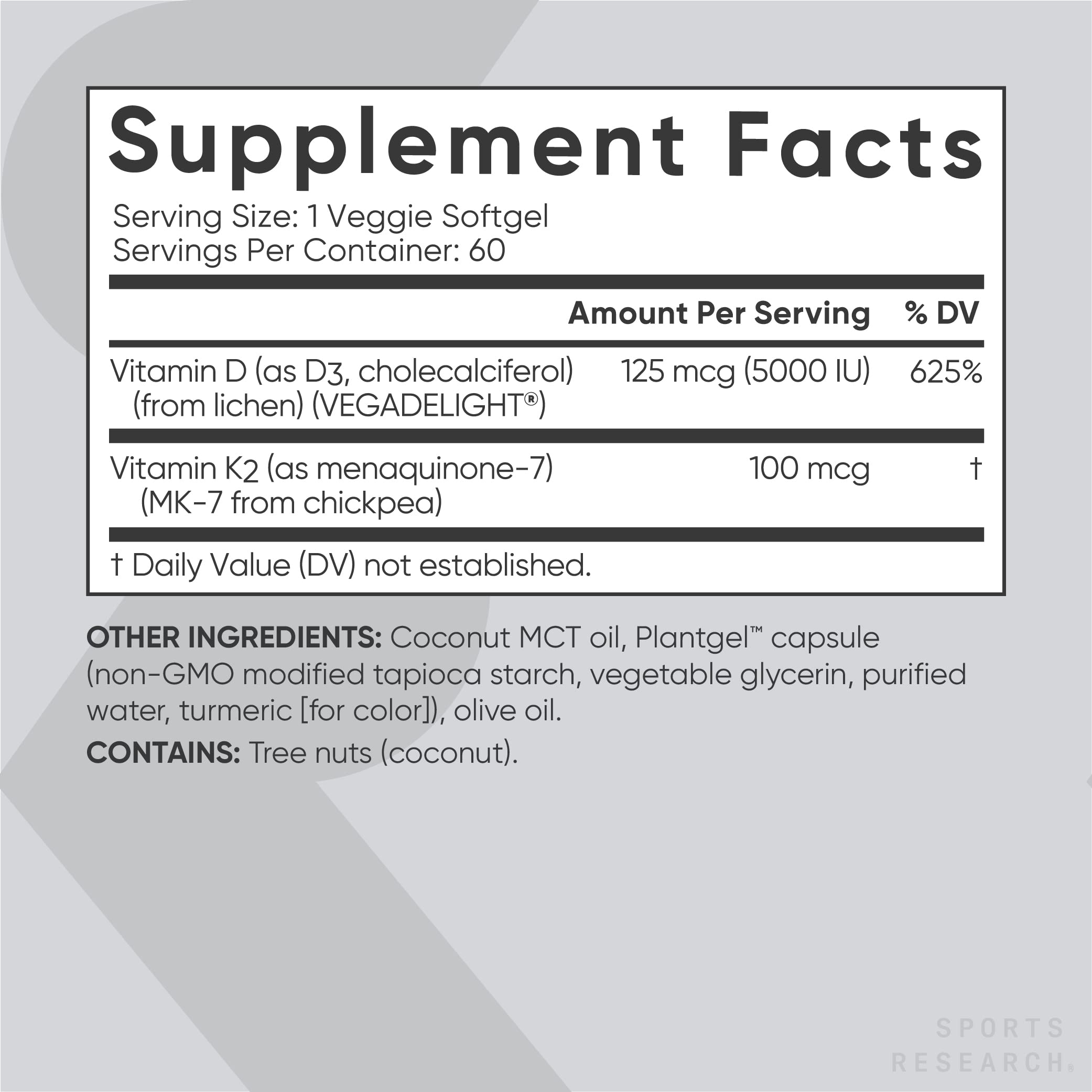 Sports Research Vegan Vitamin D3 + K2 Supplement with Organic Coconut Oil - 5000iu Sports Research