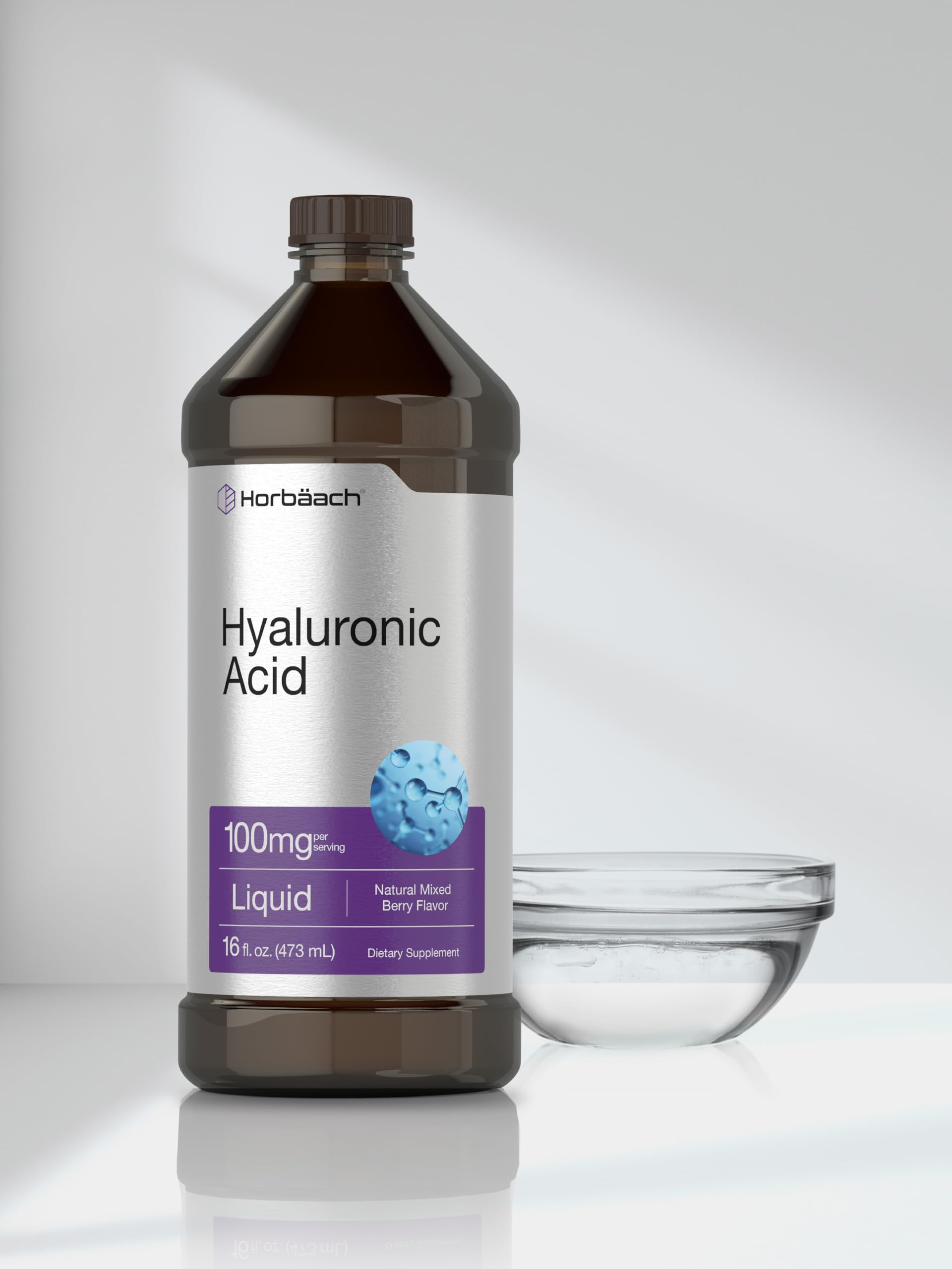 Liquid Hyaluronic Acid Supplement | 100 mg | 16 oz | Mixed Berry Flavor | Non-GMO Horbäach