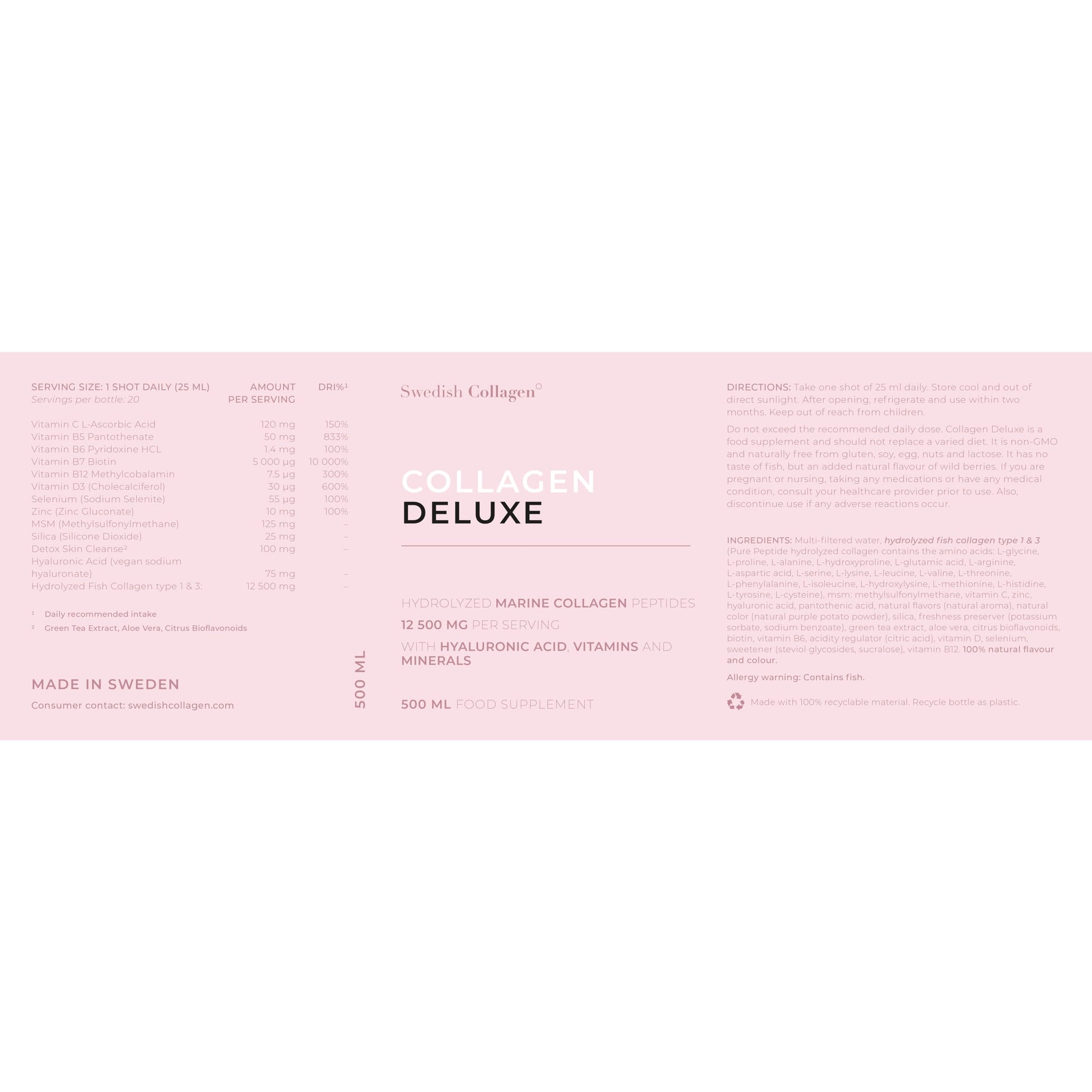 Swedish Collagen - 12500mg Collagen Deluxe 500ml I Hydrolyzed Marine Collagen Peptides (Type I & III) Swedish Collagen