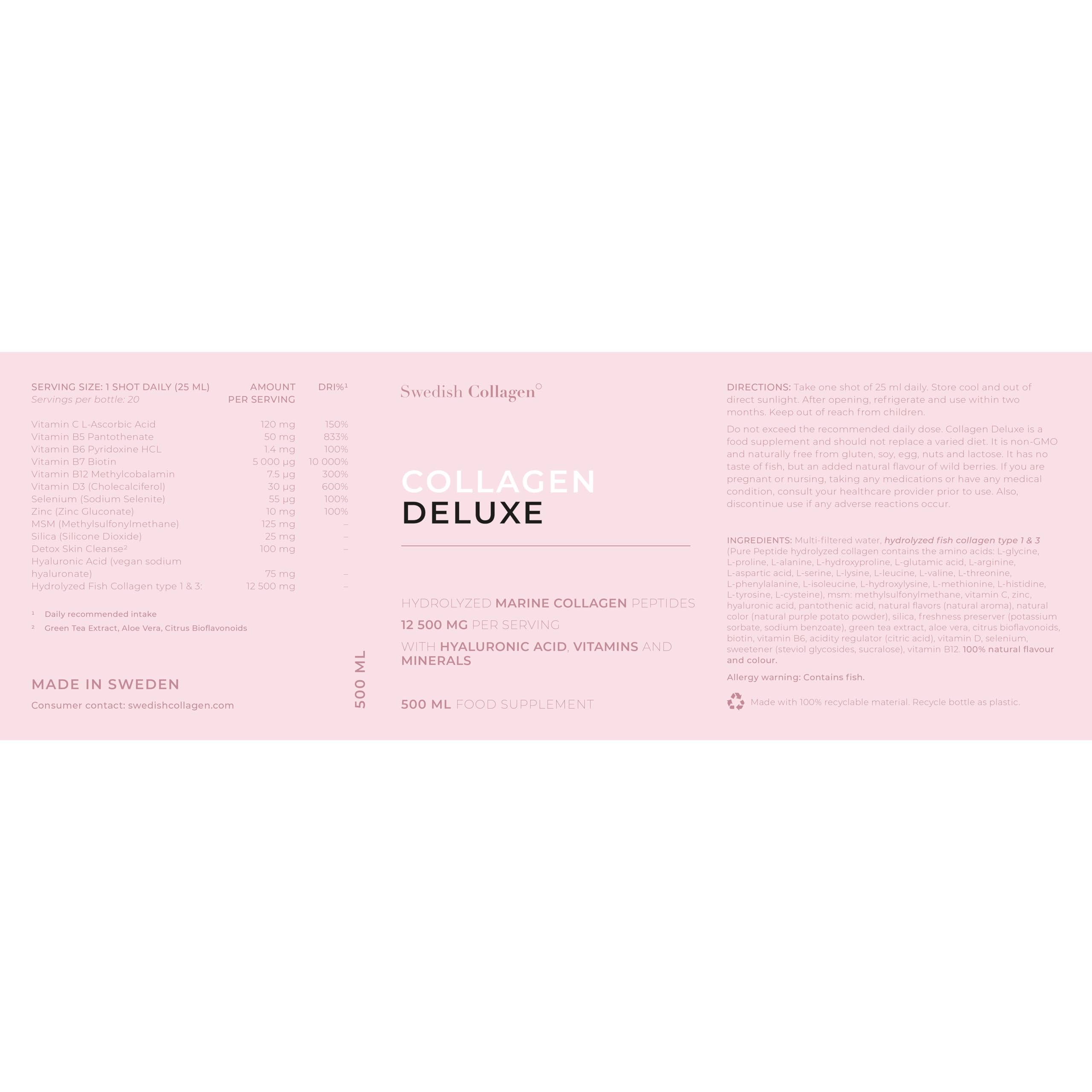 Swedish Collagen - 12500mg Collagen Deluxe 500ml I Hydrolyzed Marine Collagen Peptides (Type I & III) Swedish Collagen