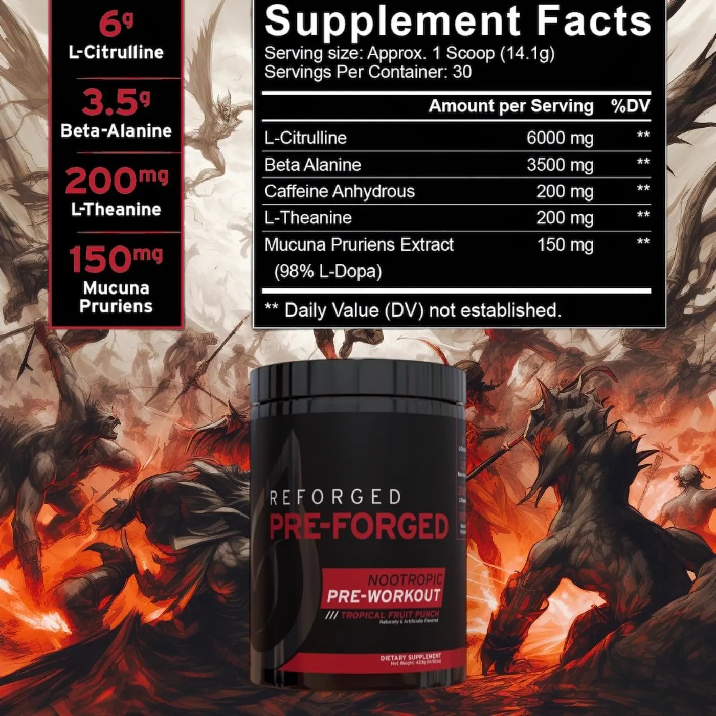 Reforged Pre-Forged L Theanine Pre Workout Powder Drink | Nootropic Nitric Oxide Energy Pump Supplement | Beta-Alanine, L-Citrulline, & Caffeine | 30 Servings (Tropical Fruit Punch)