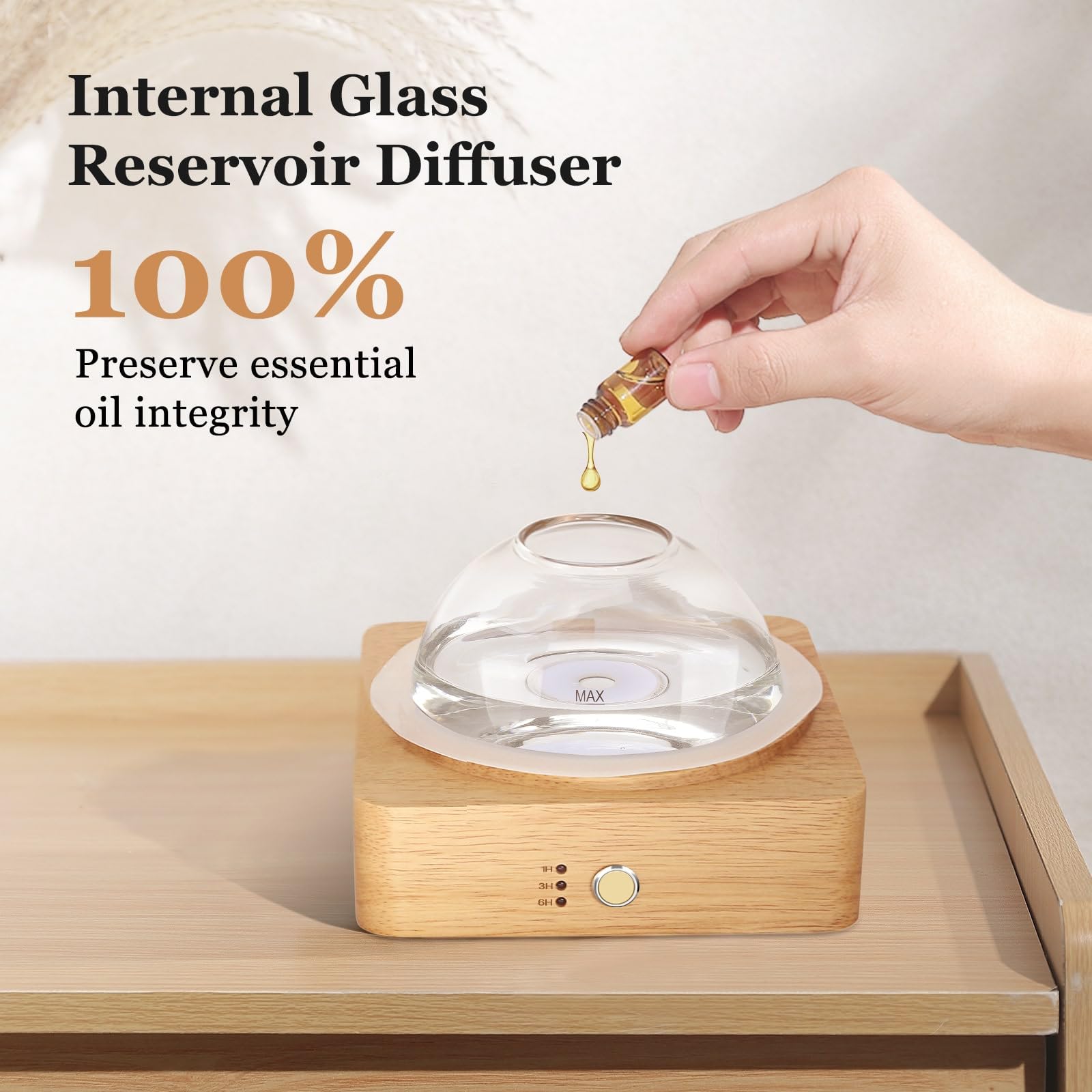 Lecdura Glass Essential Oil Diffuser with Glass Reservoir & Wood Base - Plastic Free, 200ml Lock Lecdura