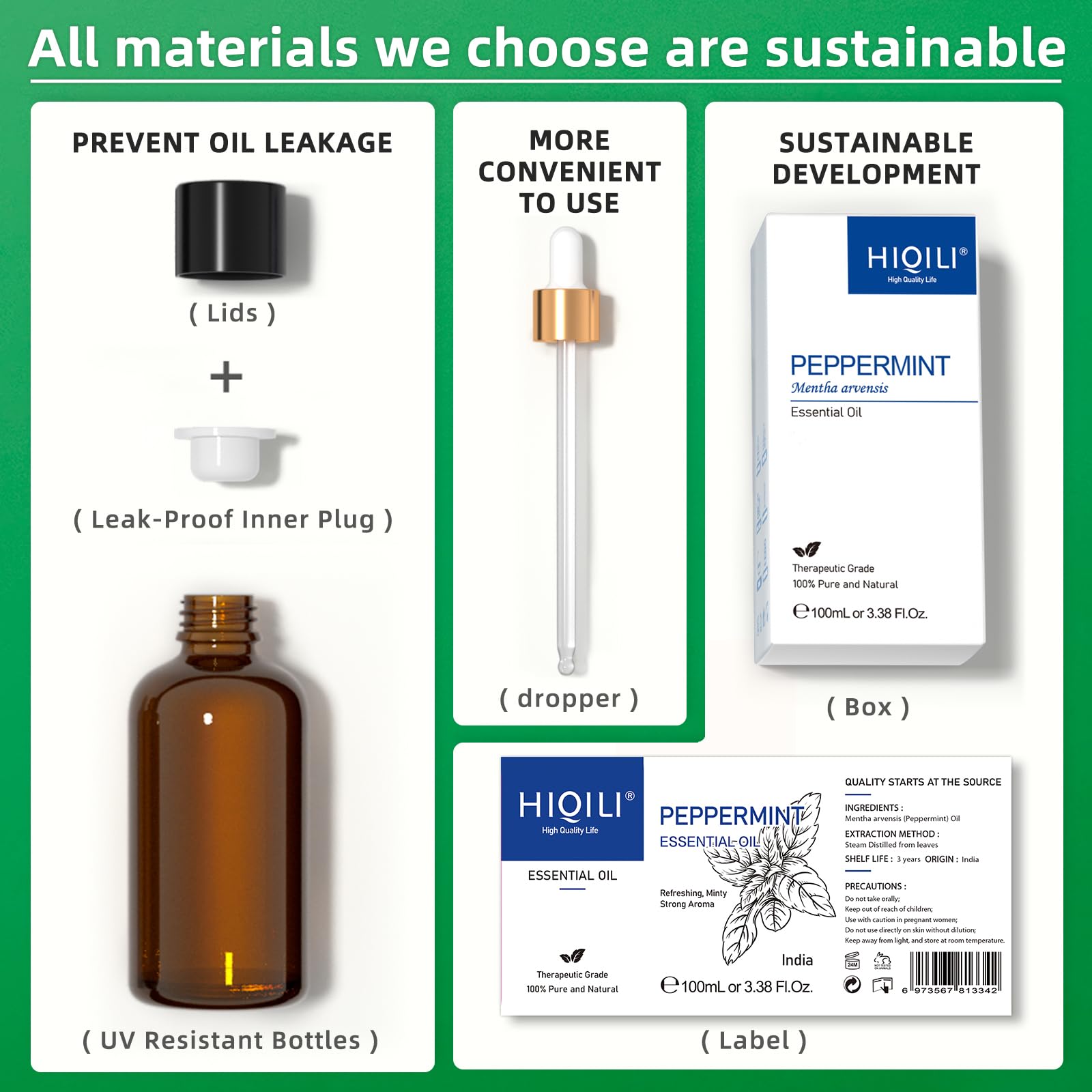 HIQILI Peppermint Oil 100ML, 100% Pure Peppermint Essential Oil Natural for Diffuser HIQILI