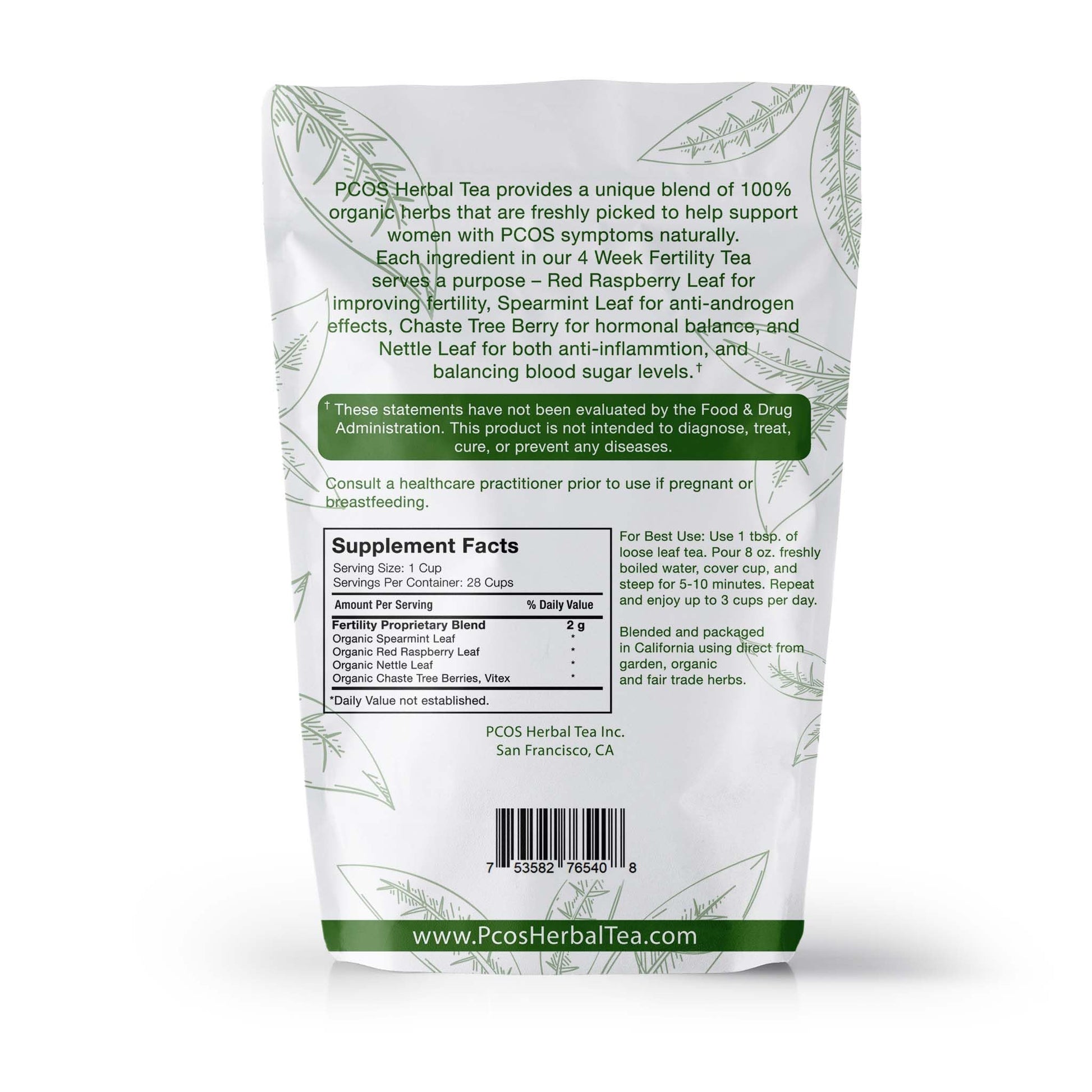 PCOS Cystem Tea with Organic Red Raspberry Leaf, Vitex, Spearmint Tea Supports Fertility PCOS Herbal Tea