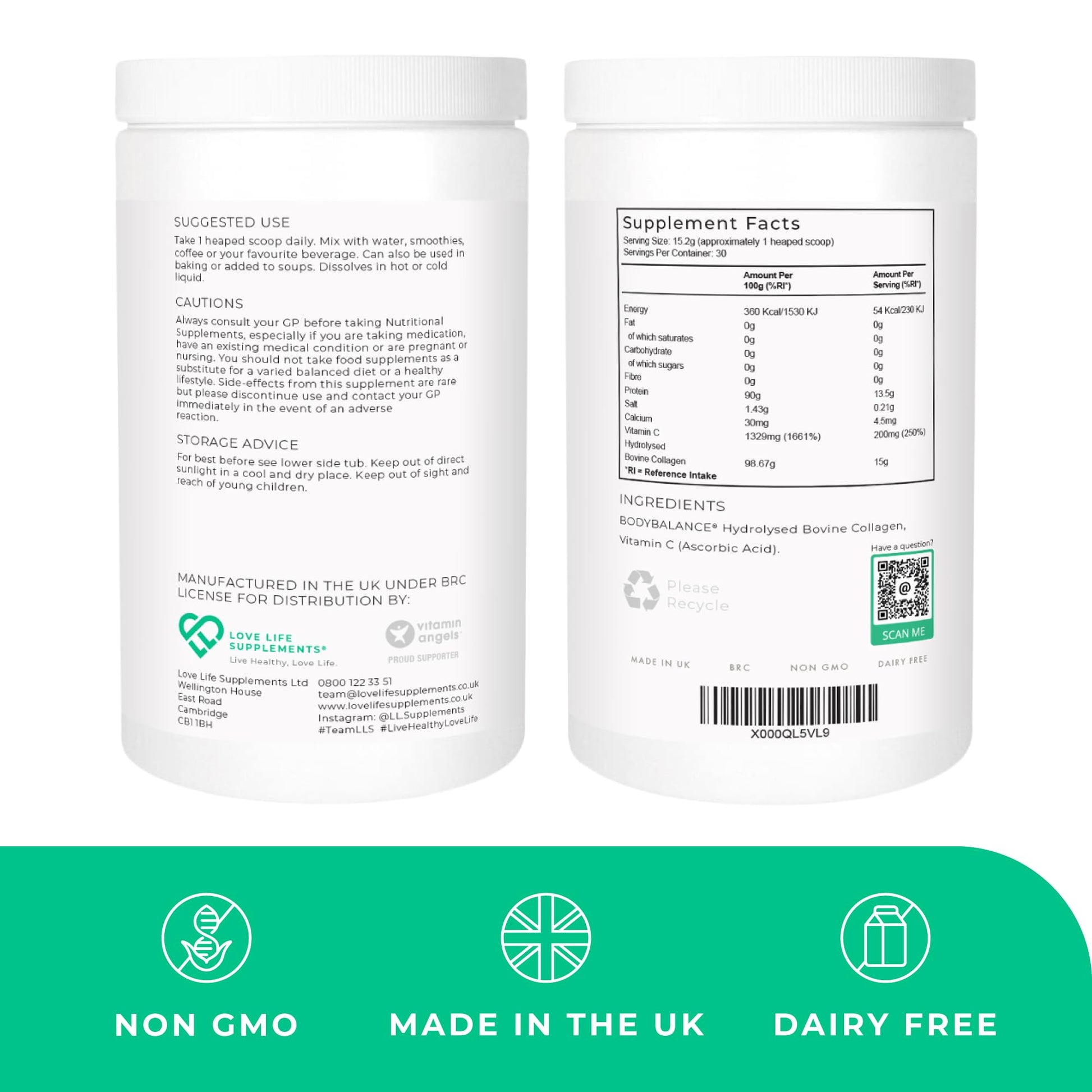 BODYBALANCE® Collagen Powder by LLS - Hydrolysed Bovine Collagen Peptides Types 1 & 3 with Vitamin C - Joint, Ligament LOVE LIFE SUPPLEMENTS