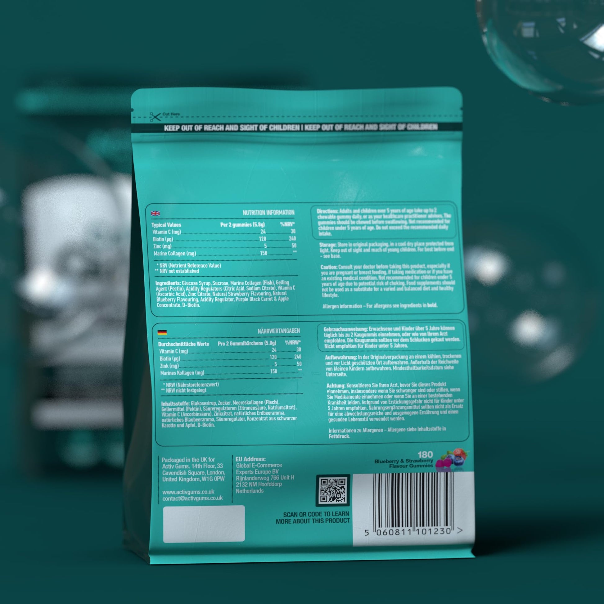 Marine Collagen Complex 180 Gummies. Strawberry & Blueberry Flavour. Resealable & Recyclable Pouch. Contains Marine Collagen, Vitamin C Activ Gums