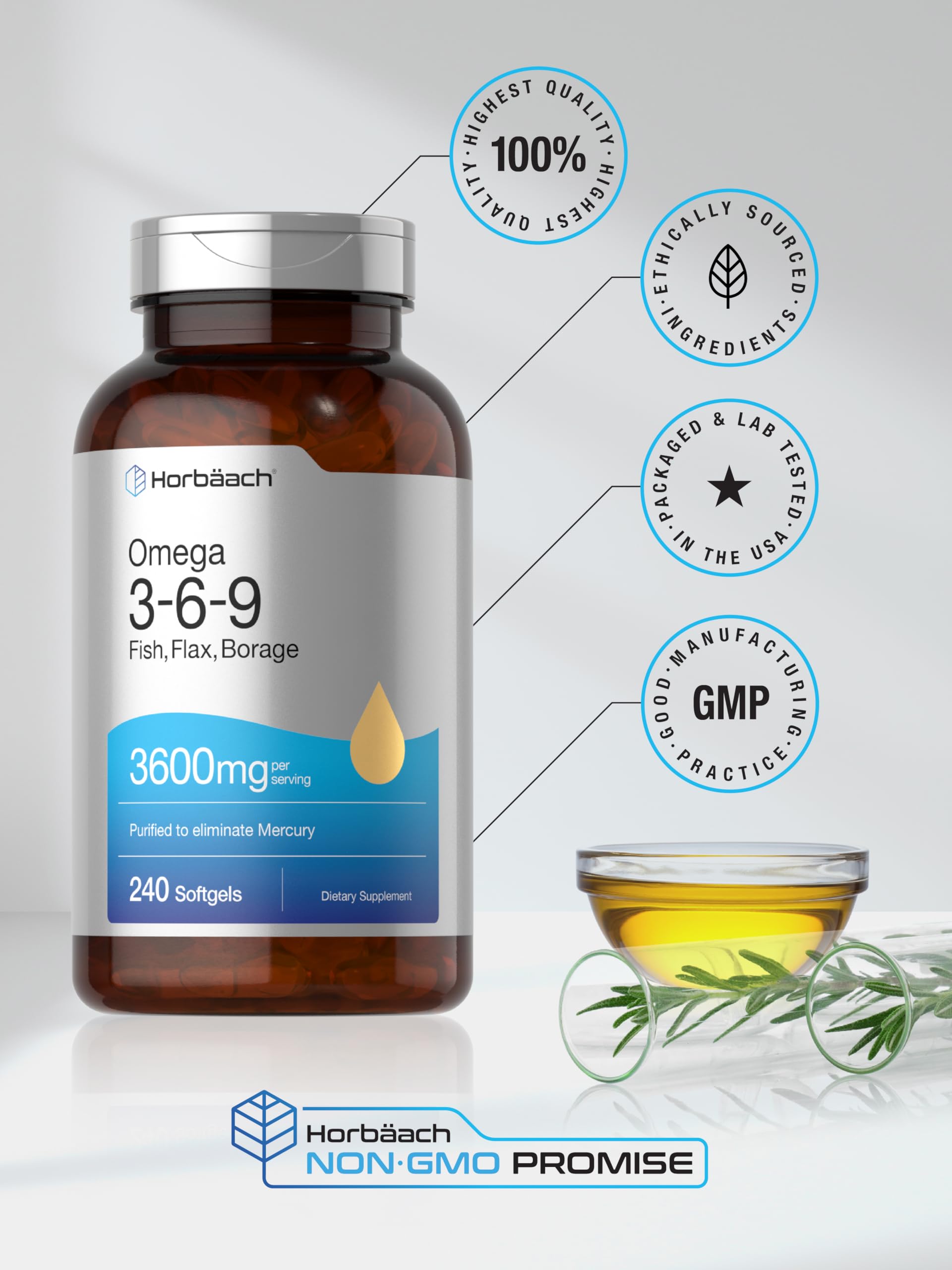 Triple Omega 3-6-9 240 Softgels | from Fish, Flaxseed, Borage Oils | Non-GMO & Gluten Horbäach