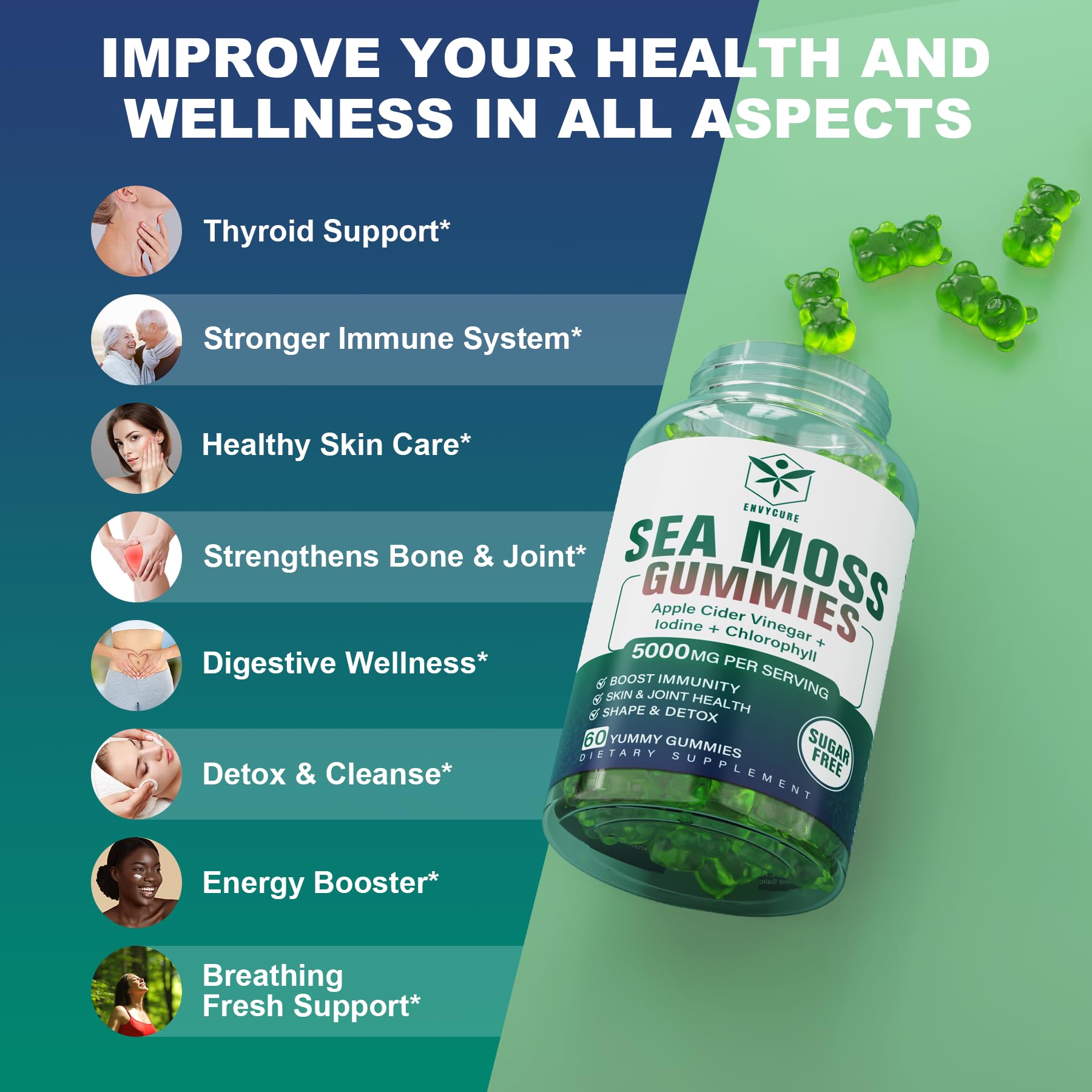 Sugar-Free Sea Moss Iodine Gummies 5000mg, Extra Strength Irish Moss Gel Supplement EnvyCure
