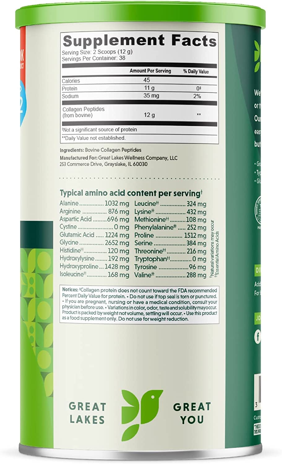 Great Lakes Gelatin Collagen Hydrolysate 454g (UK/EU Compliant can) (3) Great Lakes Gelatin