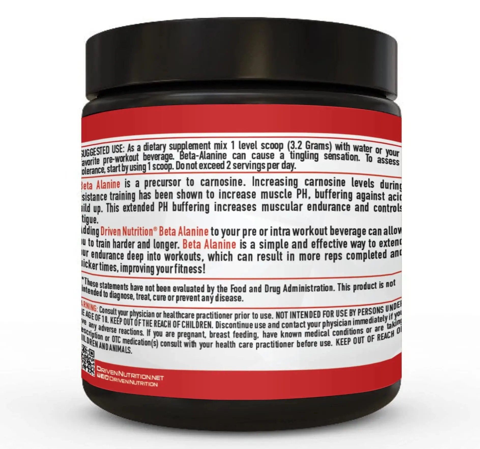Driven Nutrition Beta Alanine, Unflavored - Preworkout Carnosine Booster for Physical Endurance, Reduce Lactic Acid & Muscle Fatigue, Support Workout Capacity for Weightlifting & High Intensity Cardio