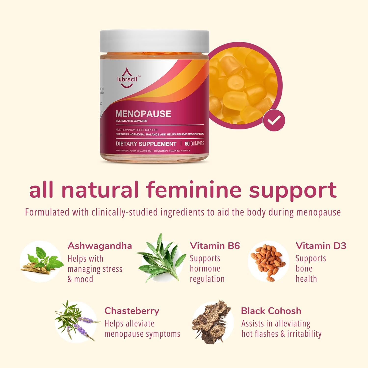 Lubracil - Menopause Gummies - Women's Natural Hormone-Free Daily Dietary Supplement
