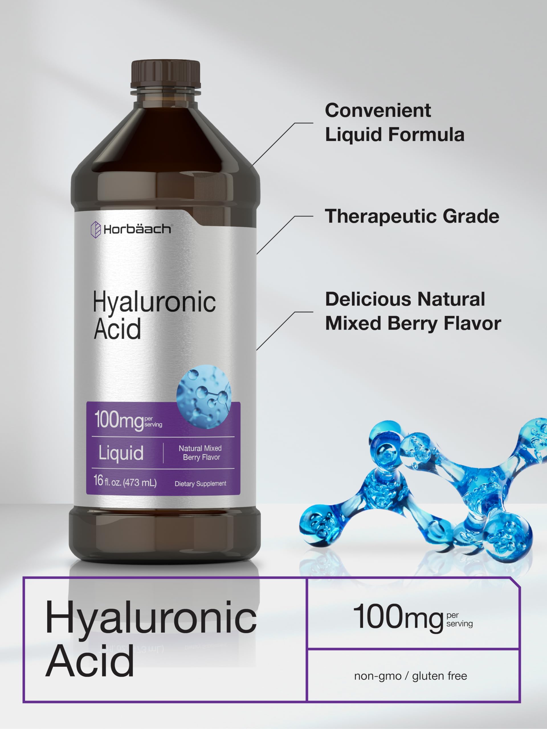 Liquid Hyaluronic Acid Supplement | 100 mg | 16 oz | Mixed Berry Flavor | Non-GMO Horbäach