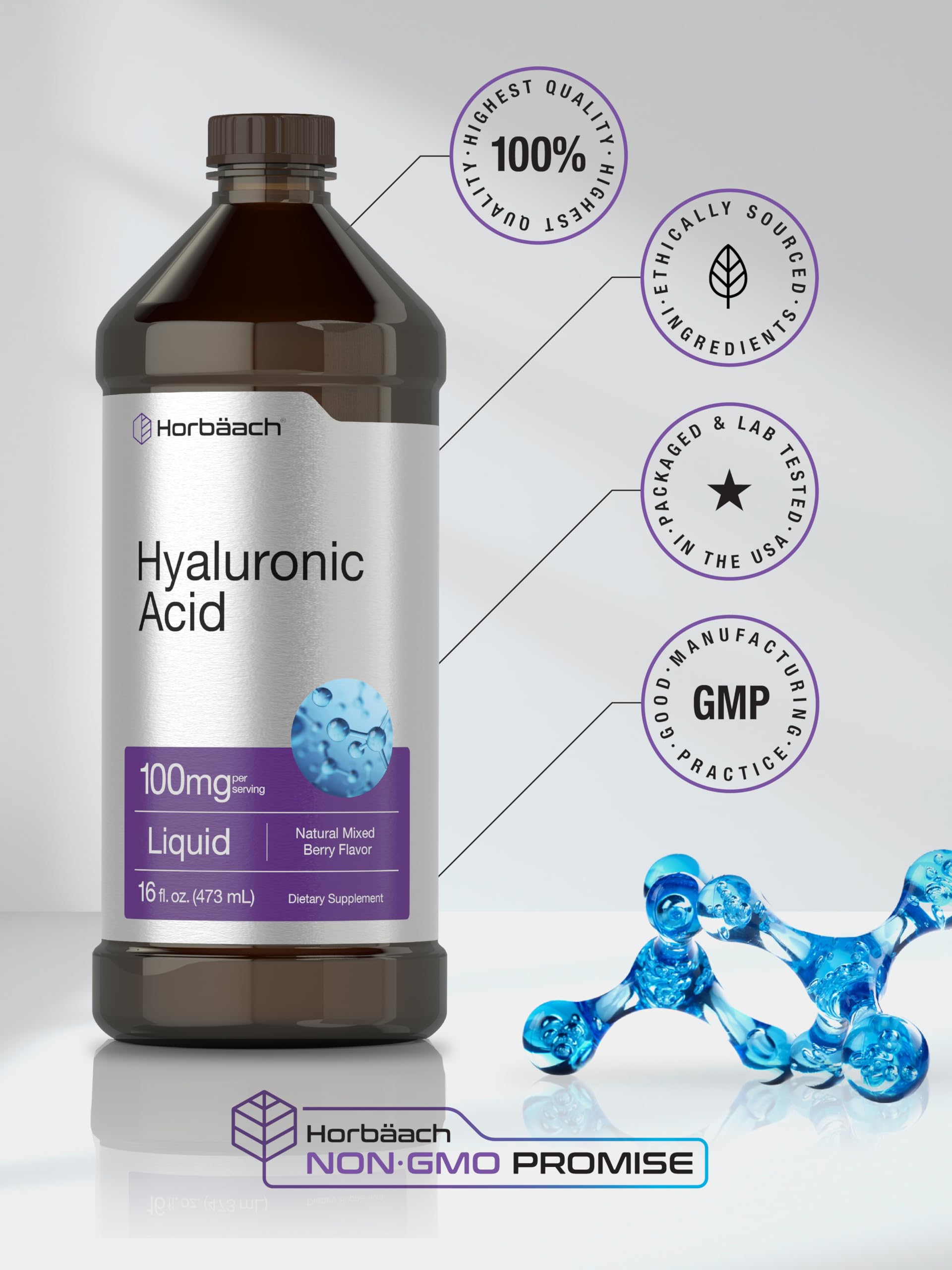 Liquid Hyaluronic Acid Supplement | 100 mg | 16 oz | Mixed Berry Flavor | Non-GMO Horbäach