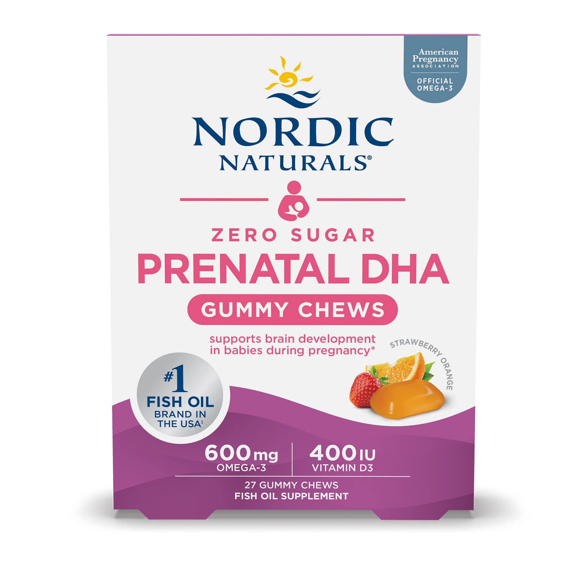Nordic Naturals Zero Sugar DHA Prenatal Vitamin Gummies, Strawberry Orange Flavor - 27 Gummies